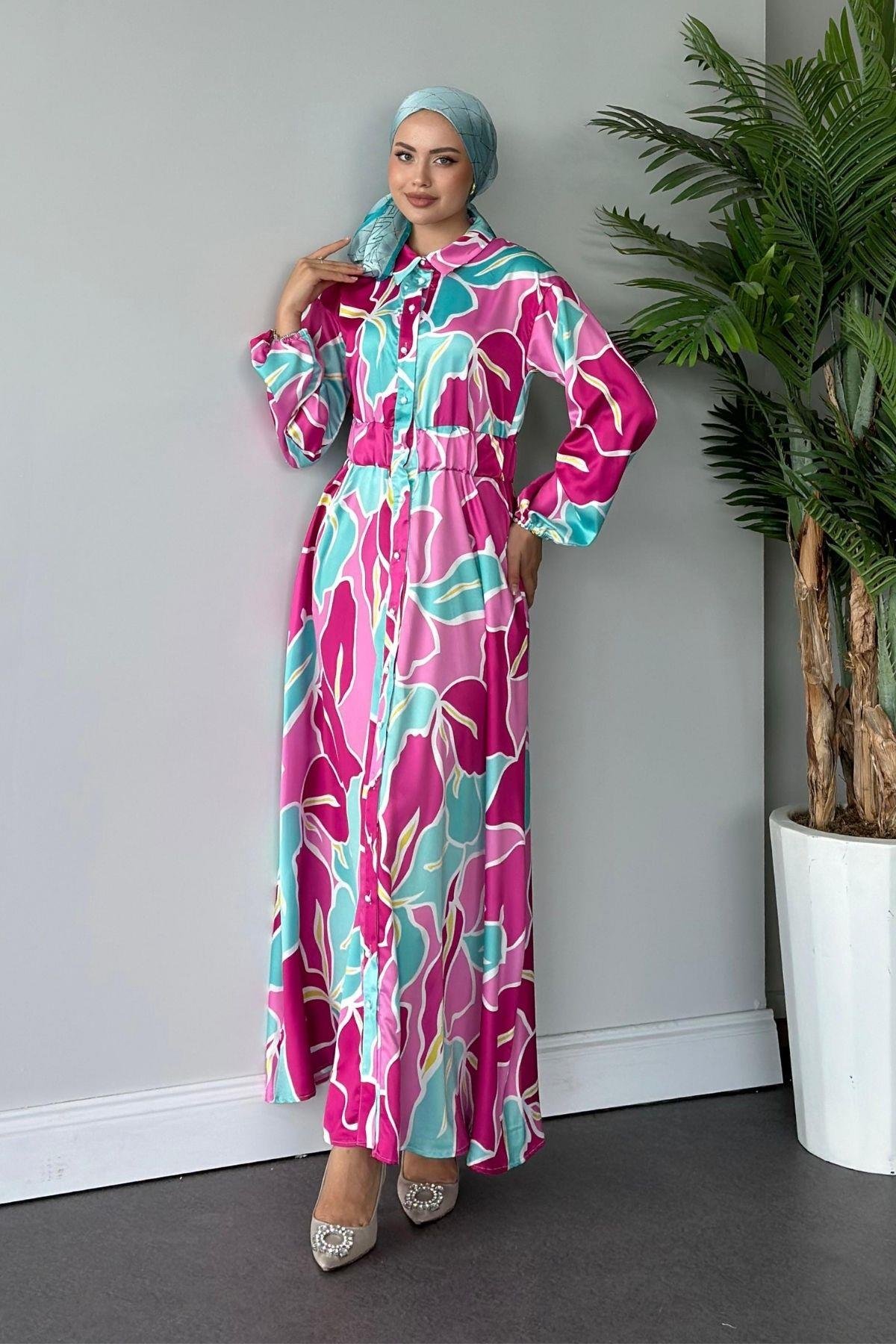 Karışık Desen Saten Elbise Pembe, Fiyatları 