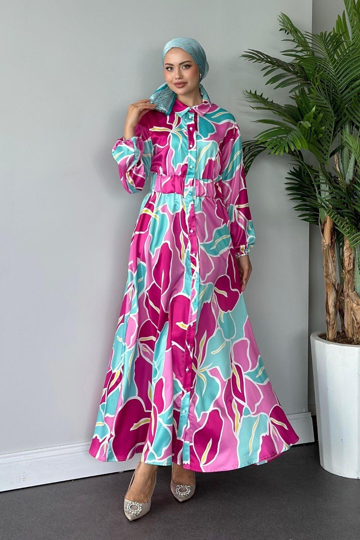 Karışık Desen Saten Elbise Pembe, Fiyatları 