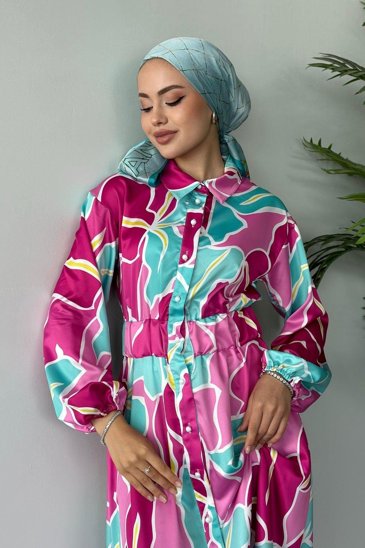 Karışık Desen Saten Elbise Pembe, Fiyatları 