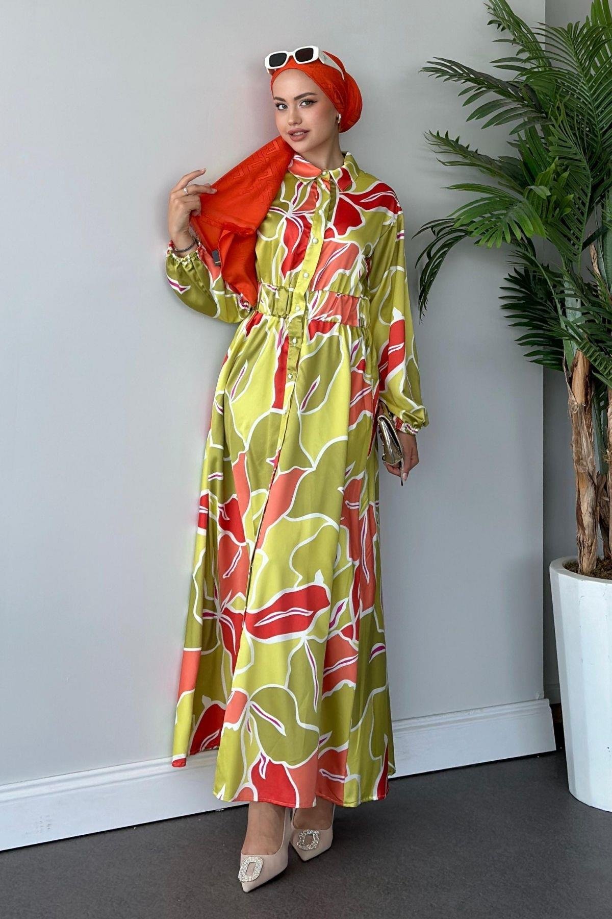 Karışık Desen Saten Elbise Yağyeşili, Fiyatları 