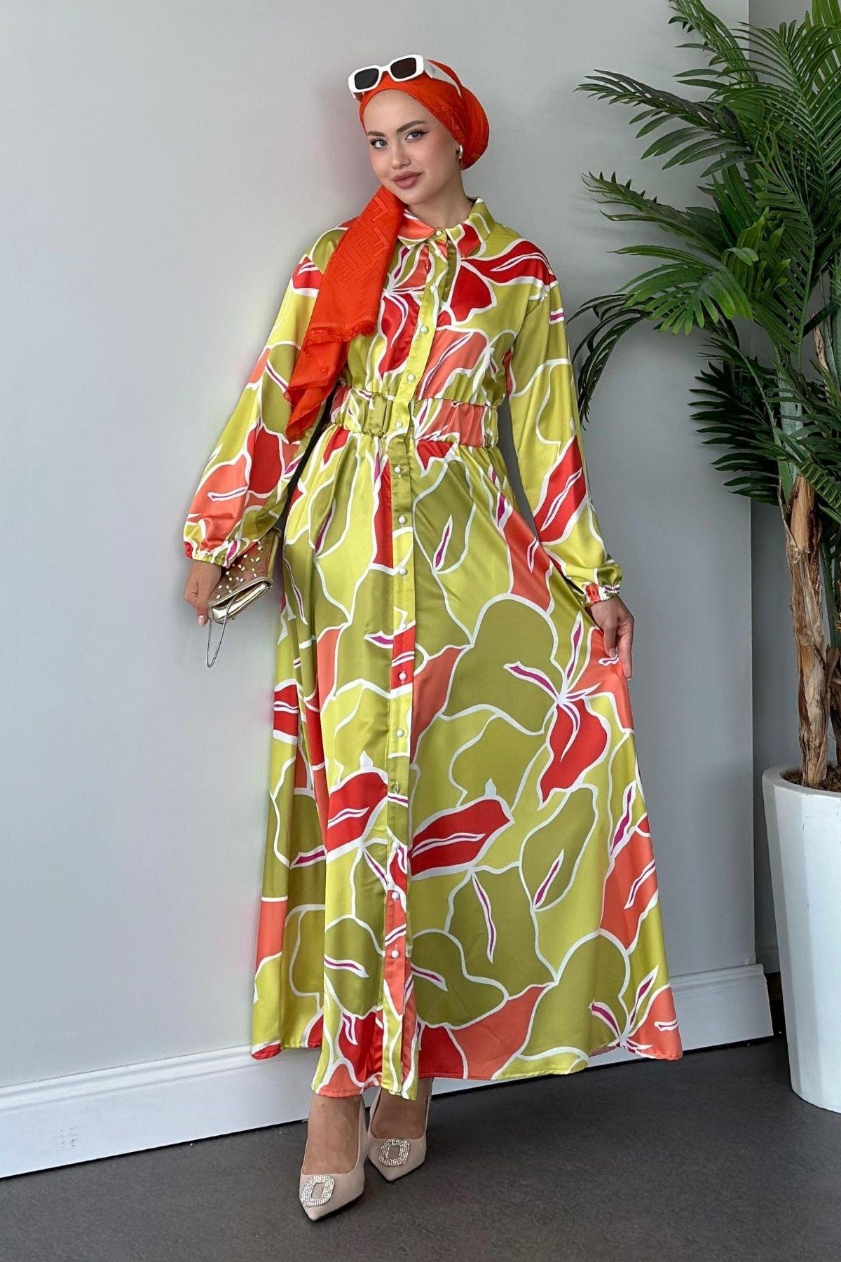 Karışık Desen Saten Elbise Yağyeşili, Fiyatları 