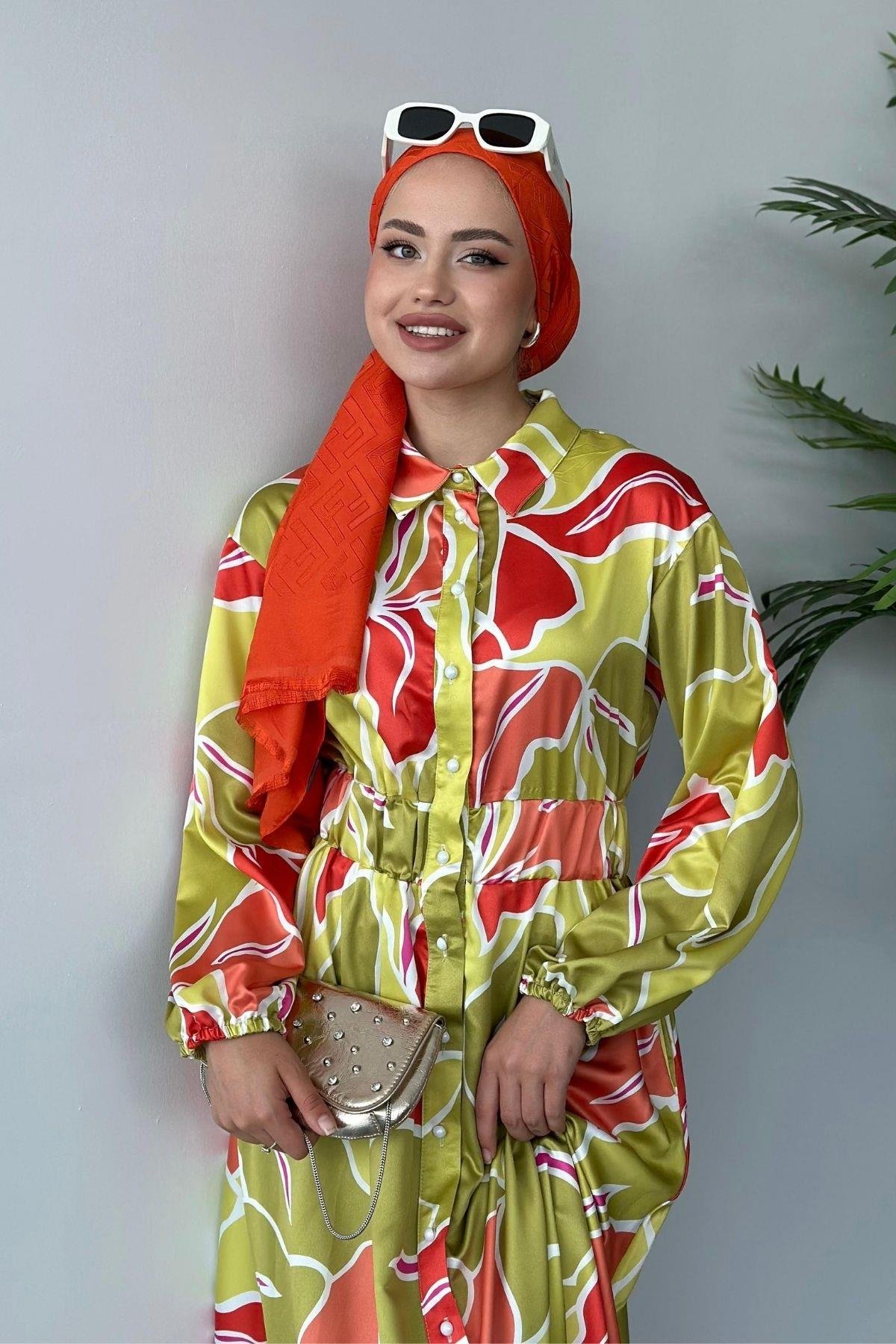 Karışık Desen Saten Elbise Yağyeşili, Fiyatları 