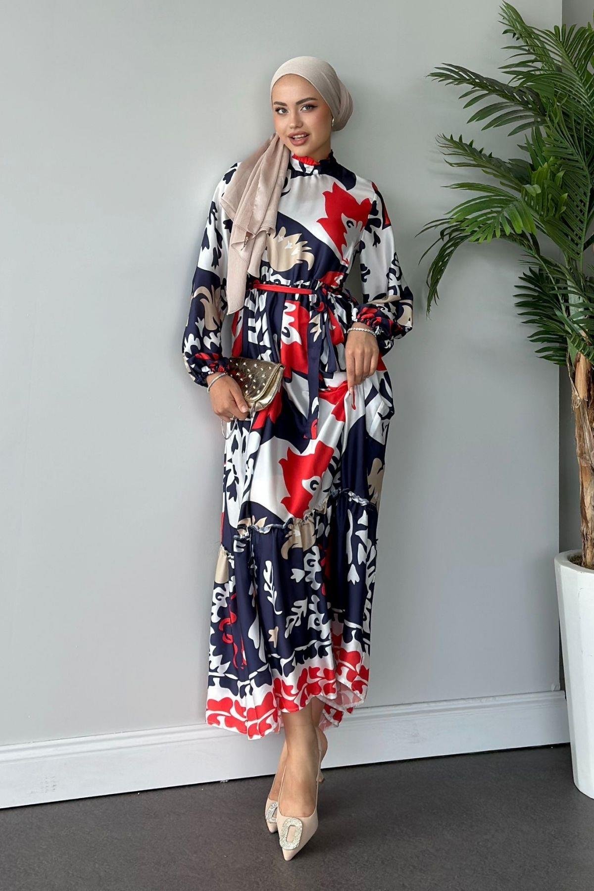 Karışık Desenli Saten Elbise Kırmızı, Fiyatları 