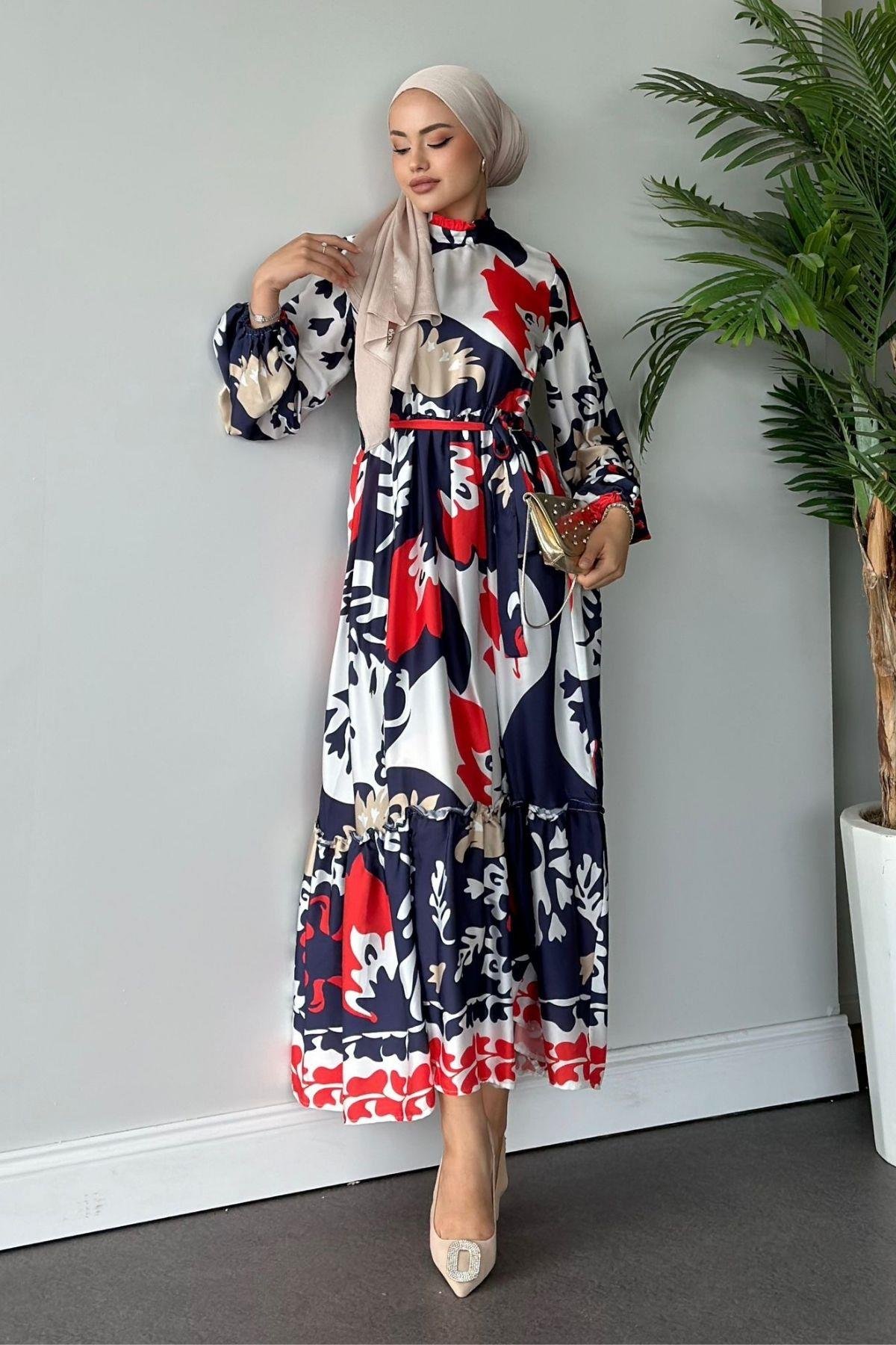 Karışık Desenli Saten Elbise Kırmızı, Fiyatları 