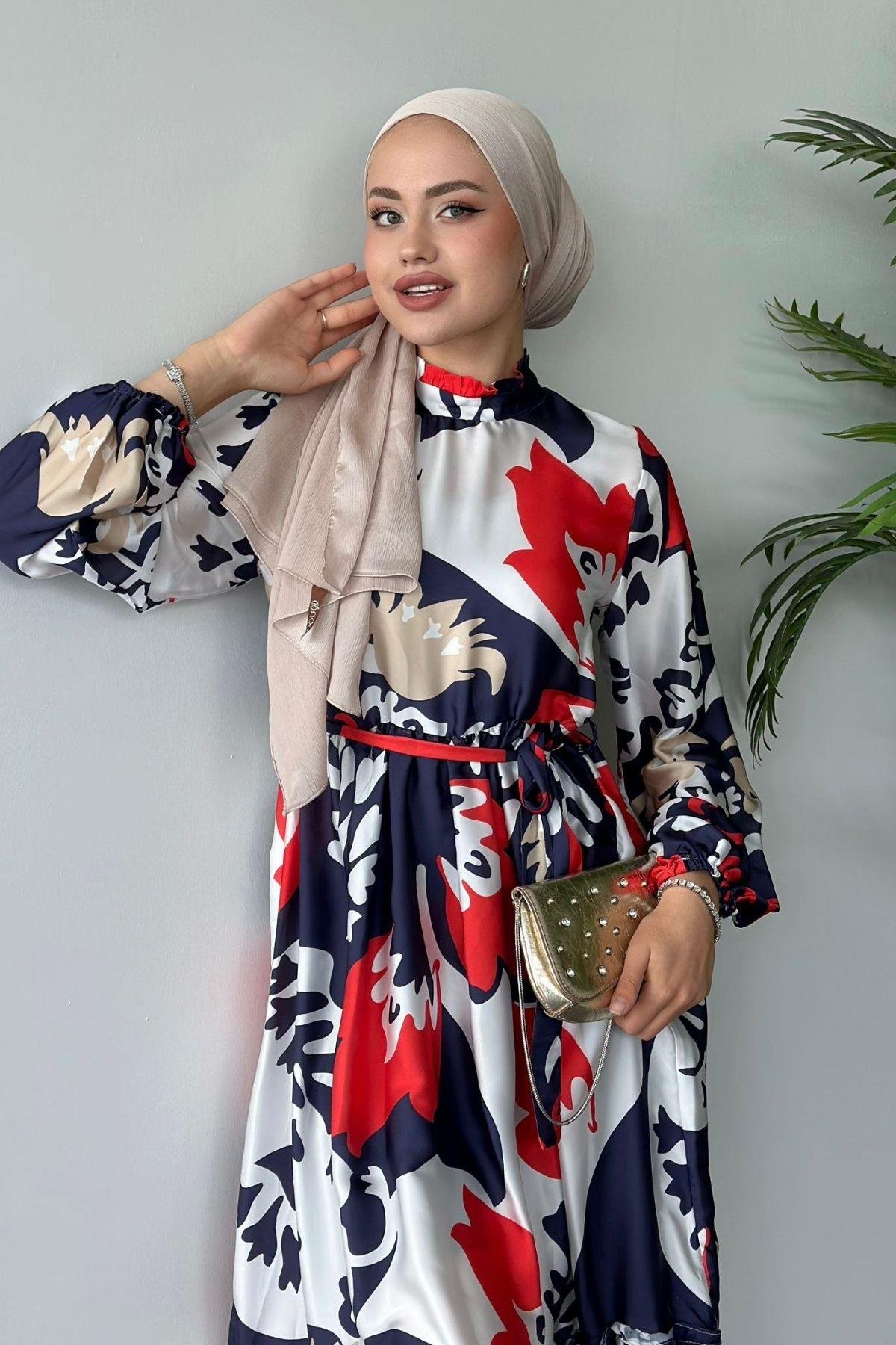 Karışık Desenli Saten Elbise Kırmızı, Fiyatları 