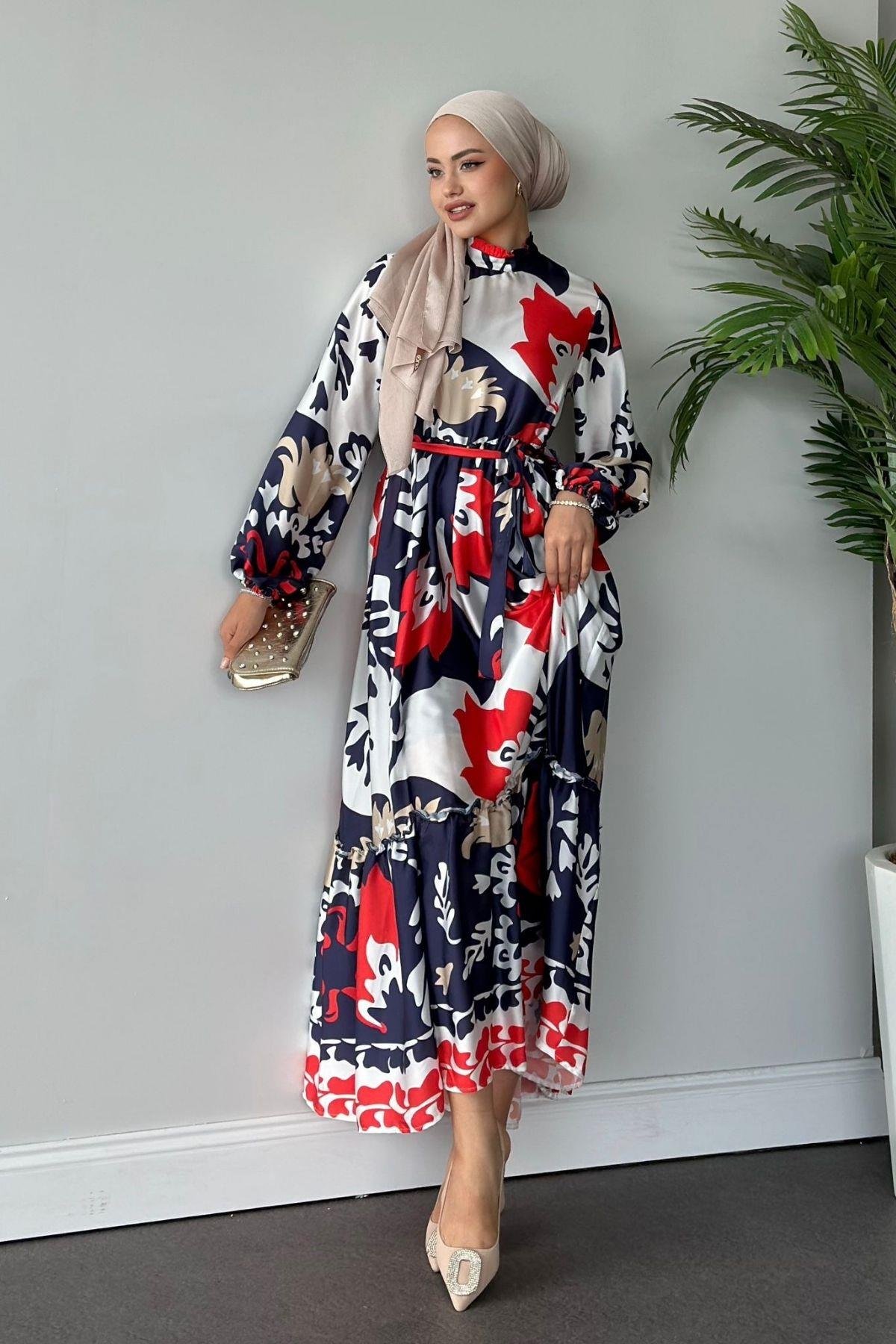 Karışık Desenli Saten Elbise Kırmızı, Fiyatları 