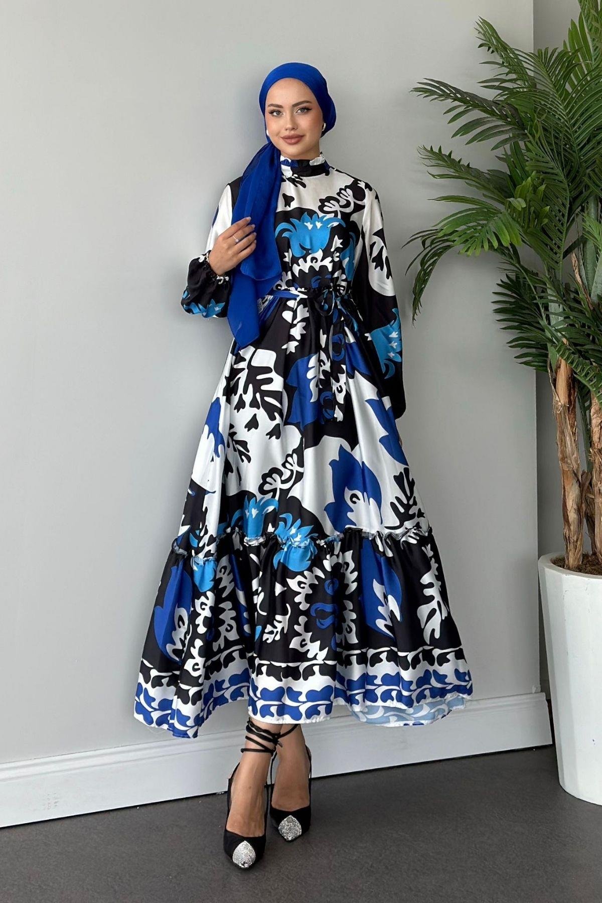 Karışık Desenli Saten Elbise Mavi, Fiyatları 