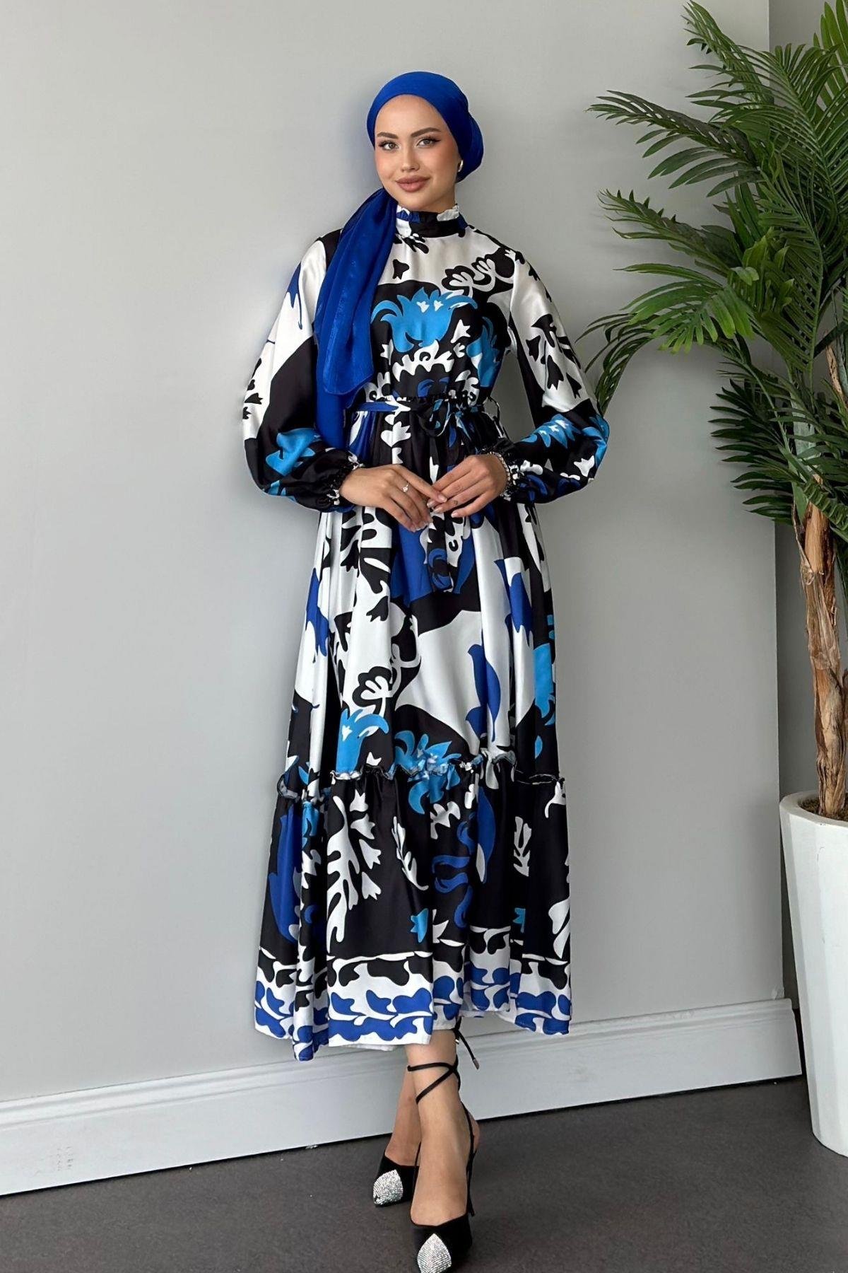 Karışık Desenli Saten Elbise Mavi, Fiyatları 