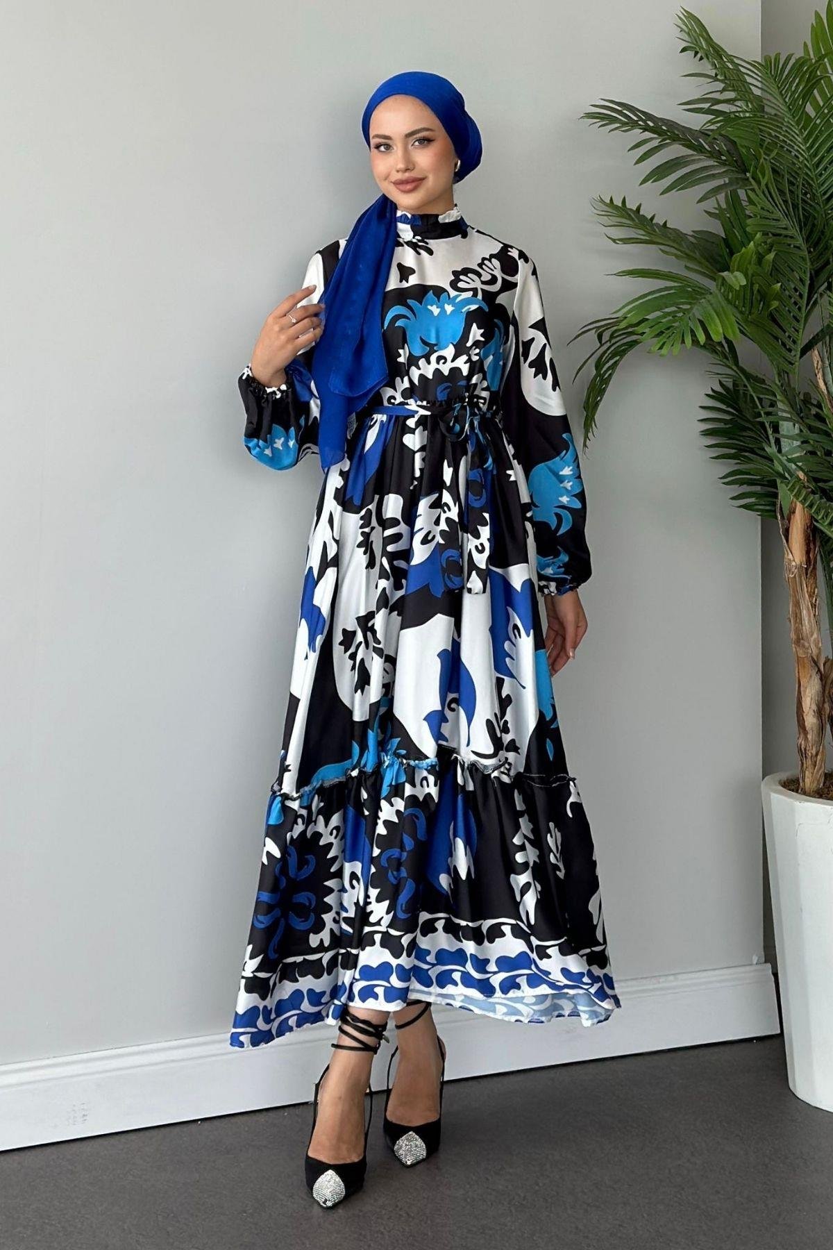 Karışık Desenli Saten Elbise Mavi, Fiyatları 