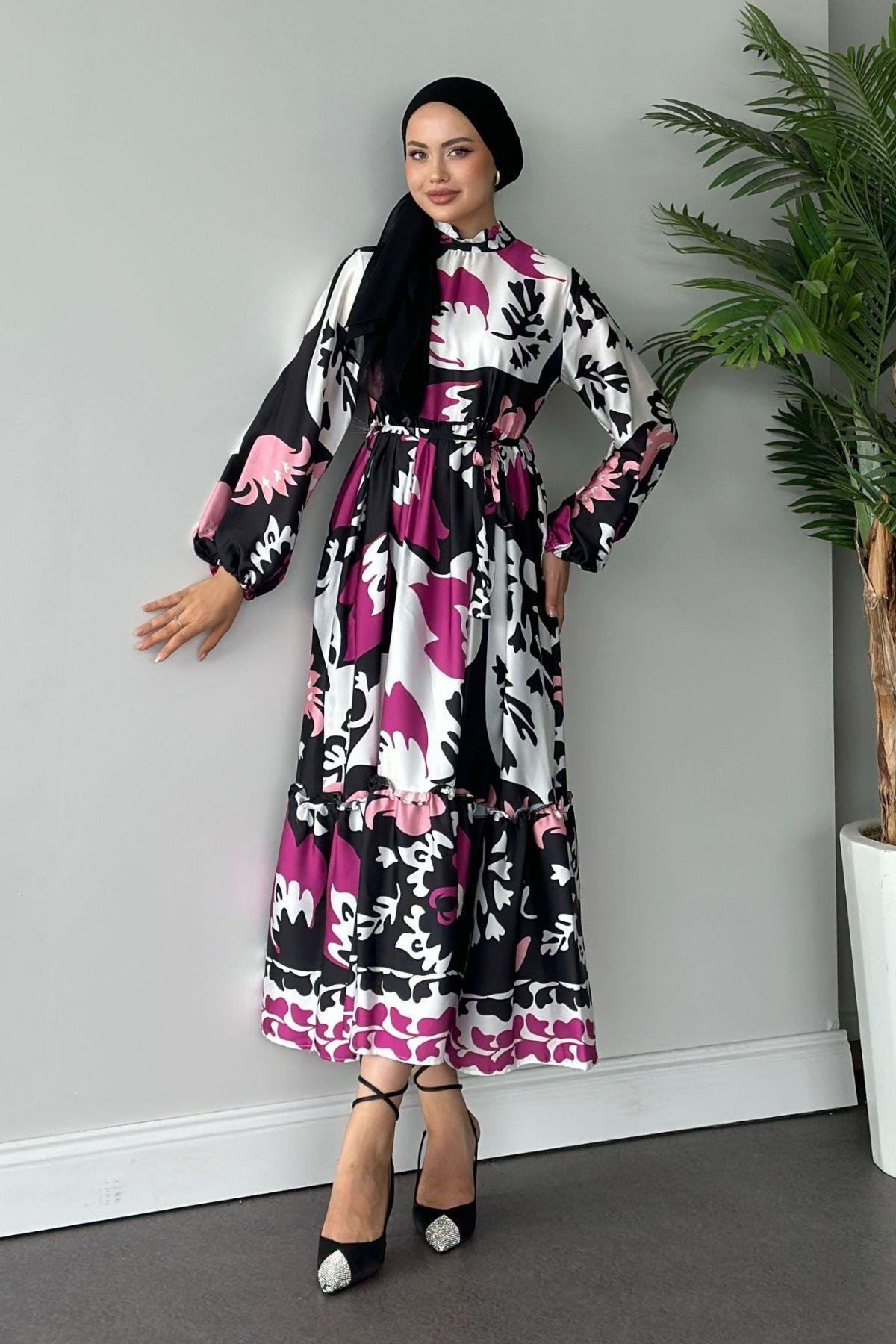 Karışık Desenli Saten Elbise Mor, Fiyatları 