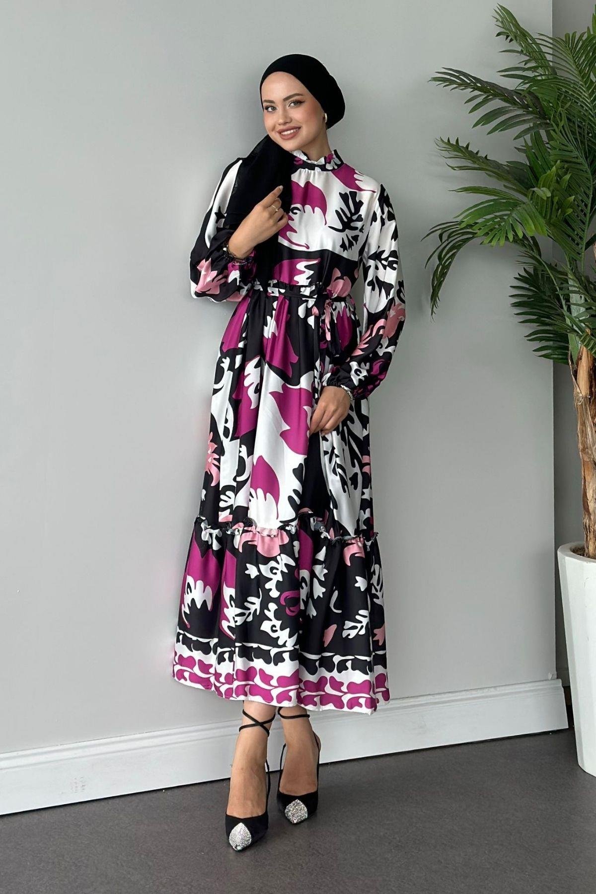 Karışık Desenli Saten Elbise Mor, Fiyatları 