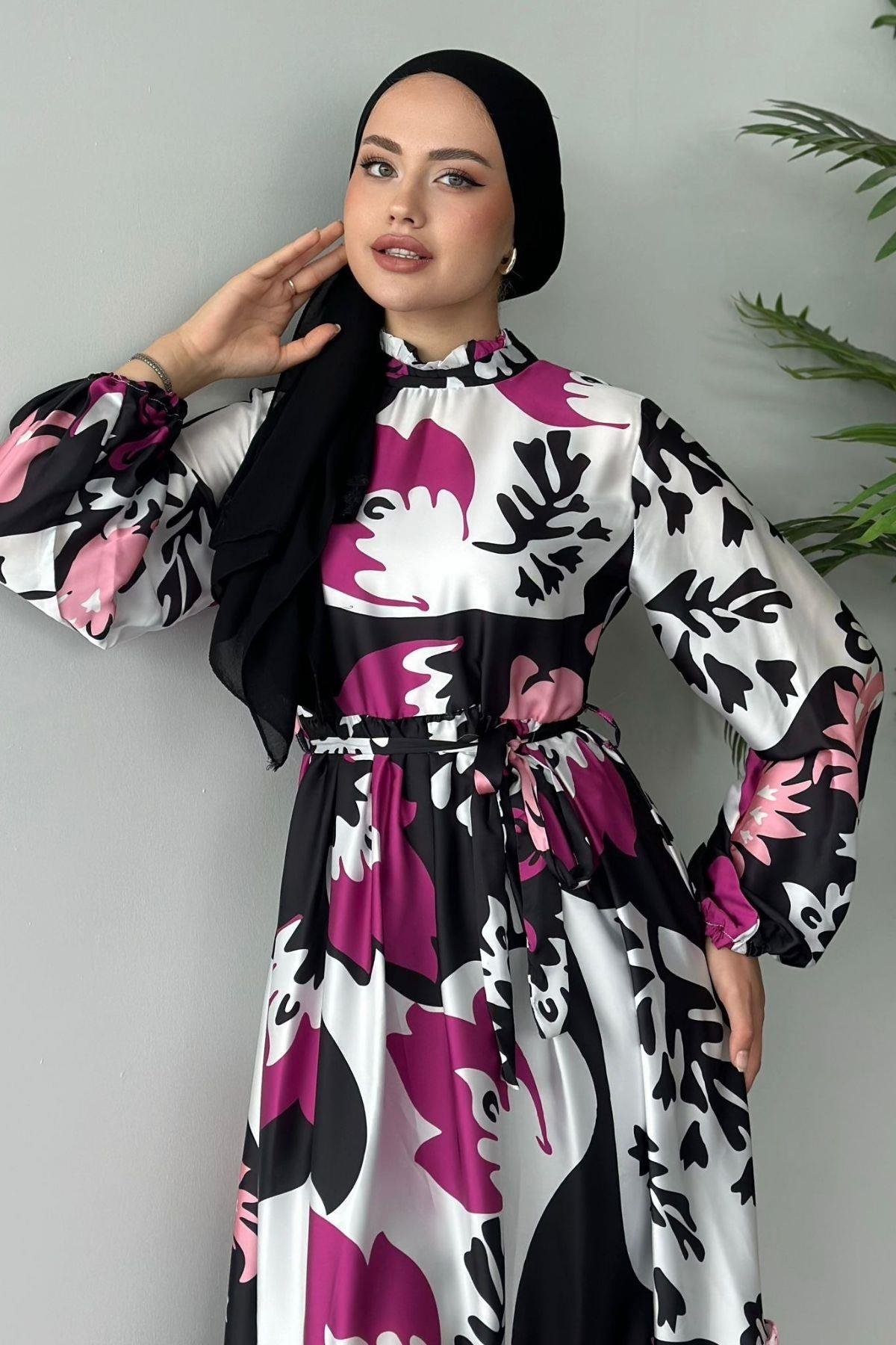 Karışık Desenli Saten Elbise Mor, Fiyatları 