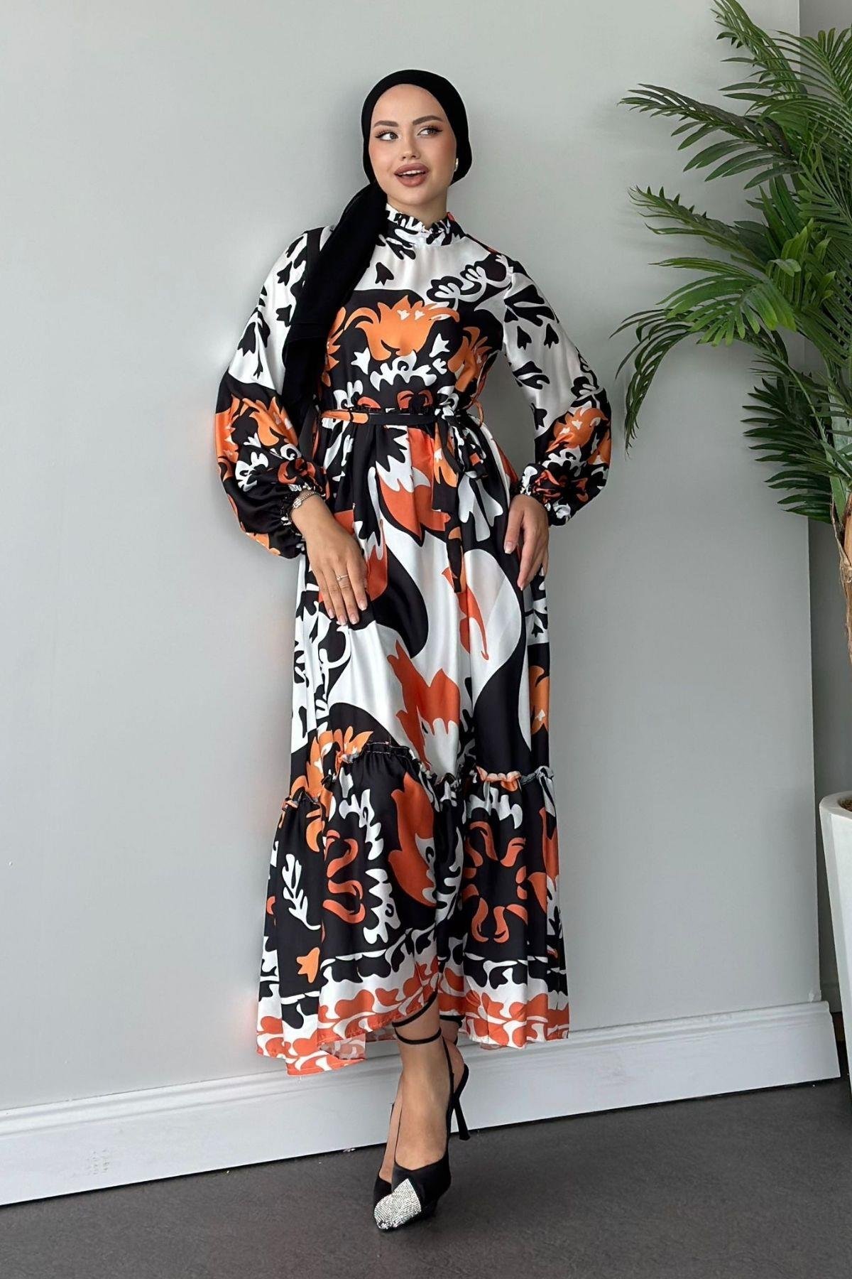 Karışık Desenli Saten Elbise Turuncu, Fiyatları 