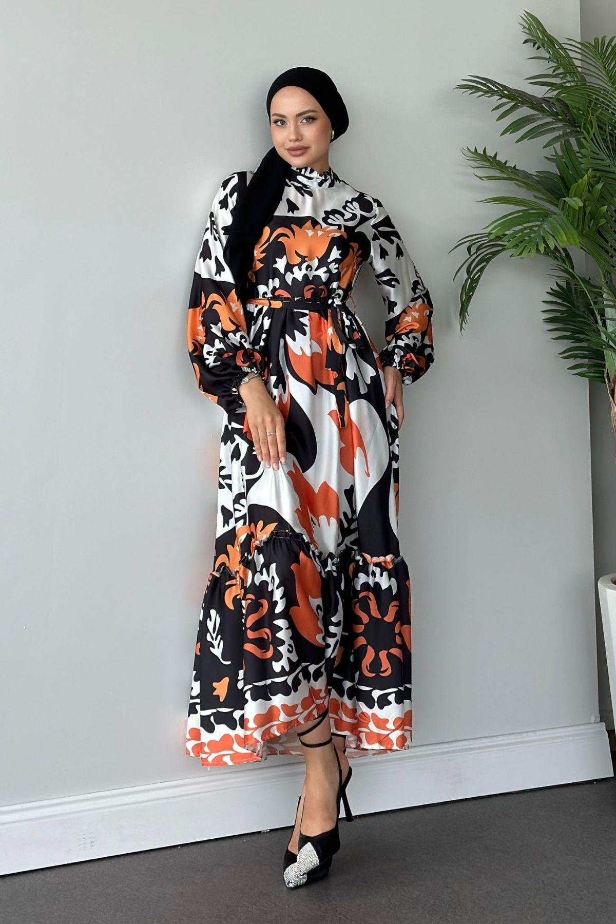 Karışık Desenli Saten Elbise Turuncu, Fiyatları 