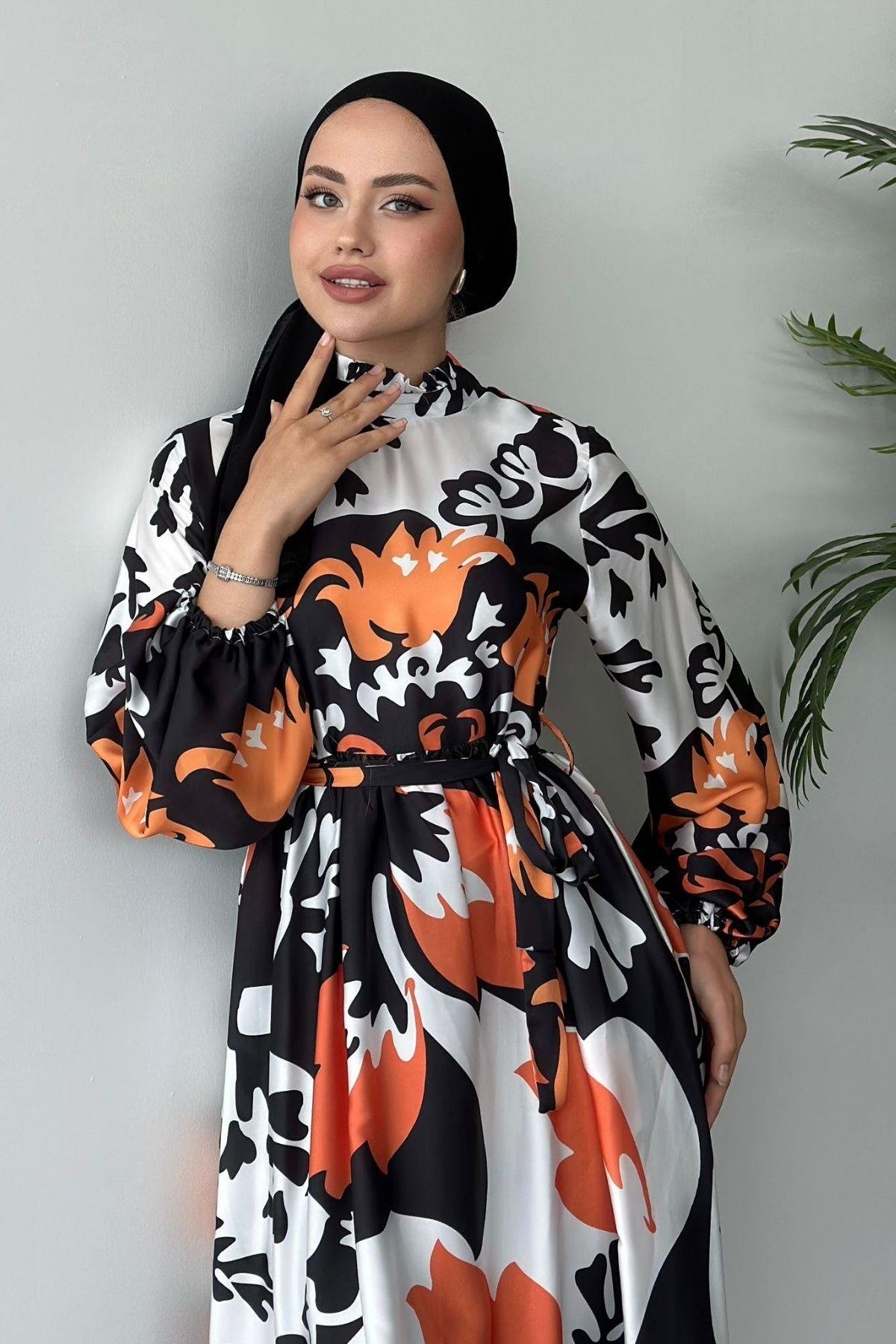 Karışık Desenli Saten Elbise Turuncu, Fiyatları 