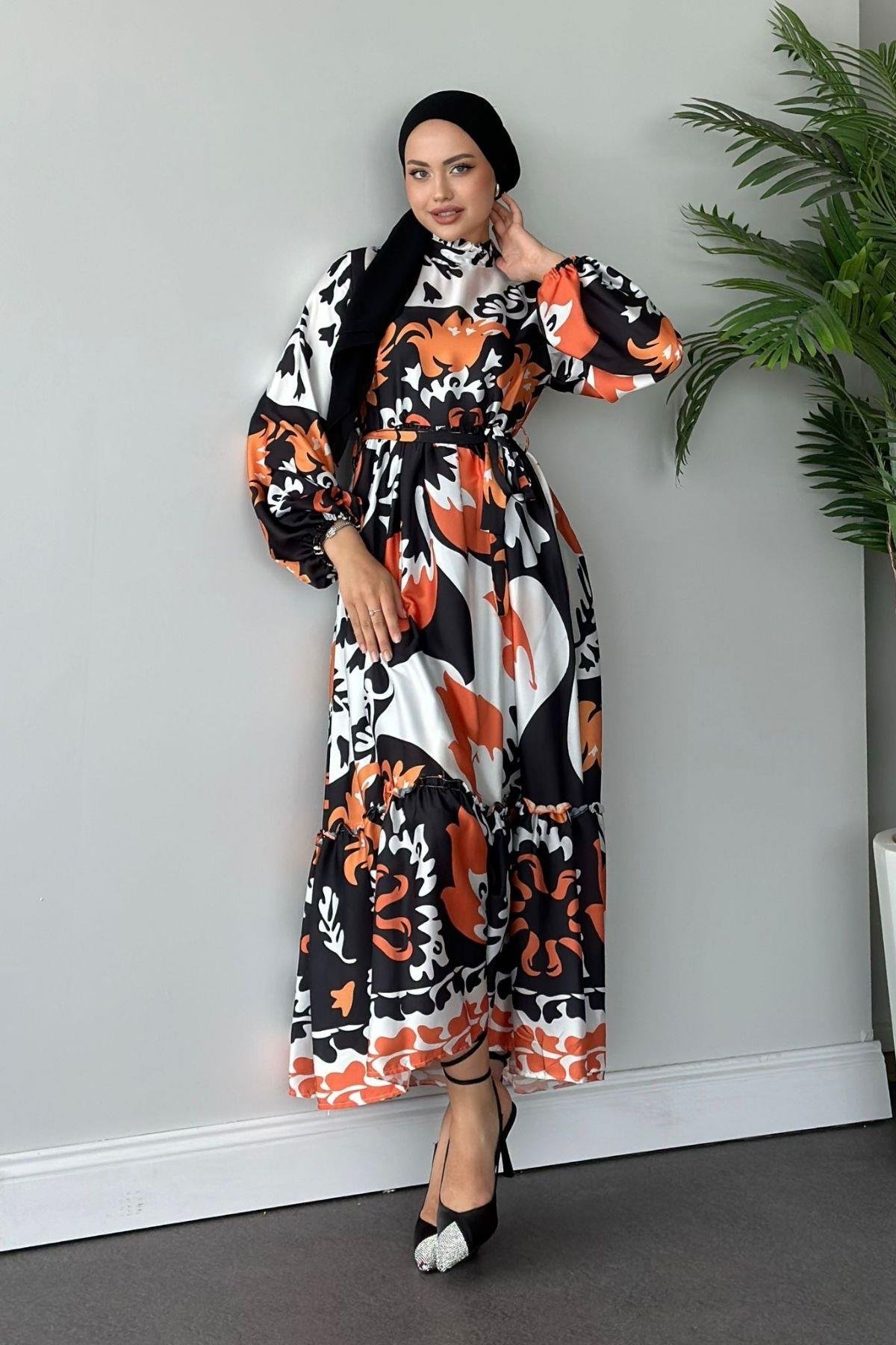 Karışık Desenli Saten Elbise Turuncu, Fiyatları 