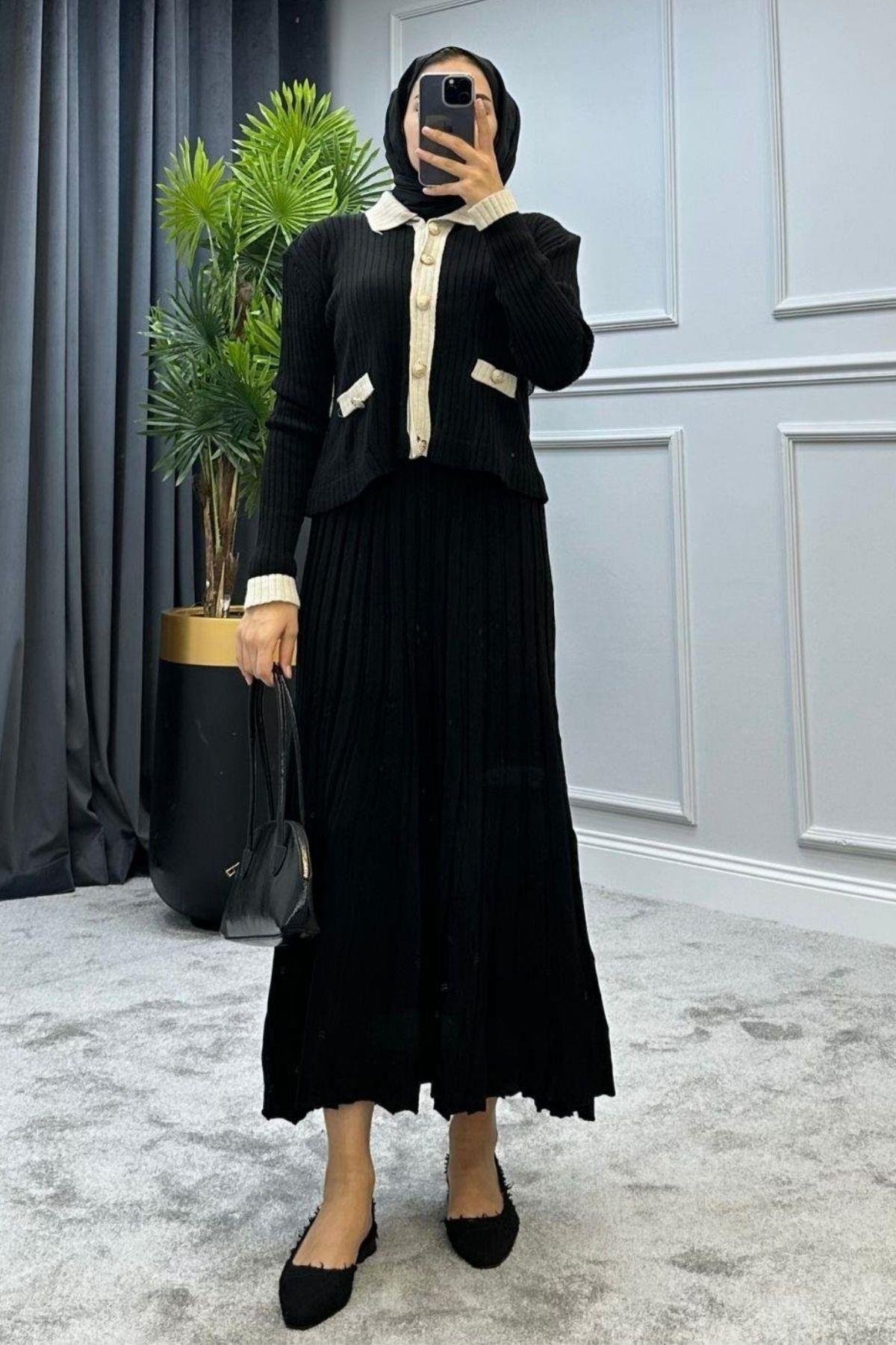 Kayra Triko Etekli Takım Full Siyah, Fiyatları Kayra Triko Etekli Takım Full Siyah – Haza Moda | Tesettür Giyim