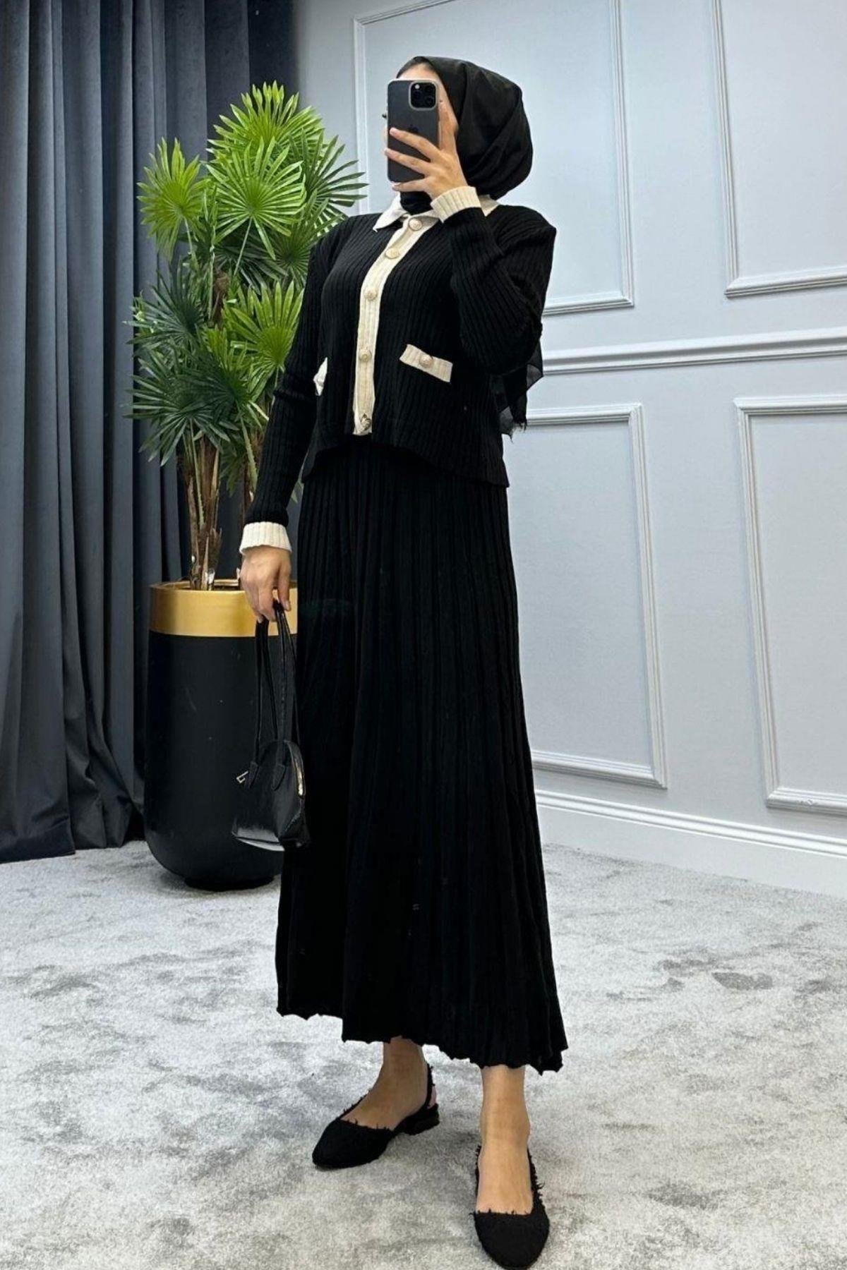 Kayra Triko Etekli Takım Full Siyah, Fiyatları Kayra Triko Etekli Takım Full Siyah – Haza Moda | Tesettür Giyim