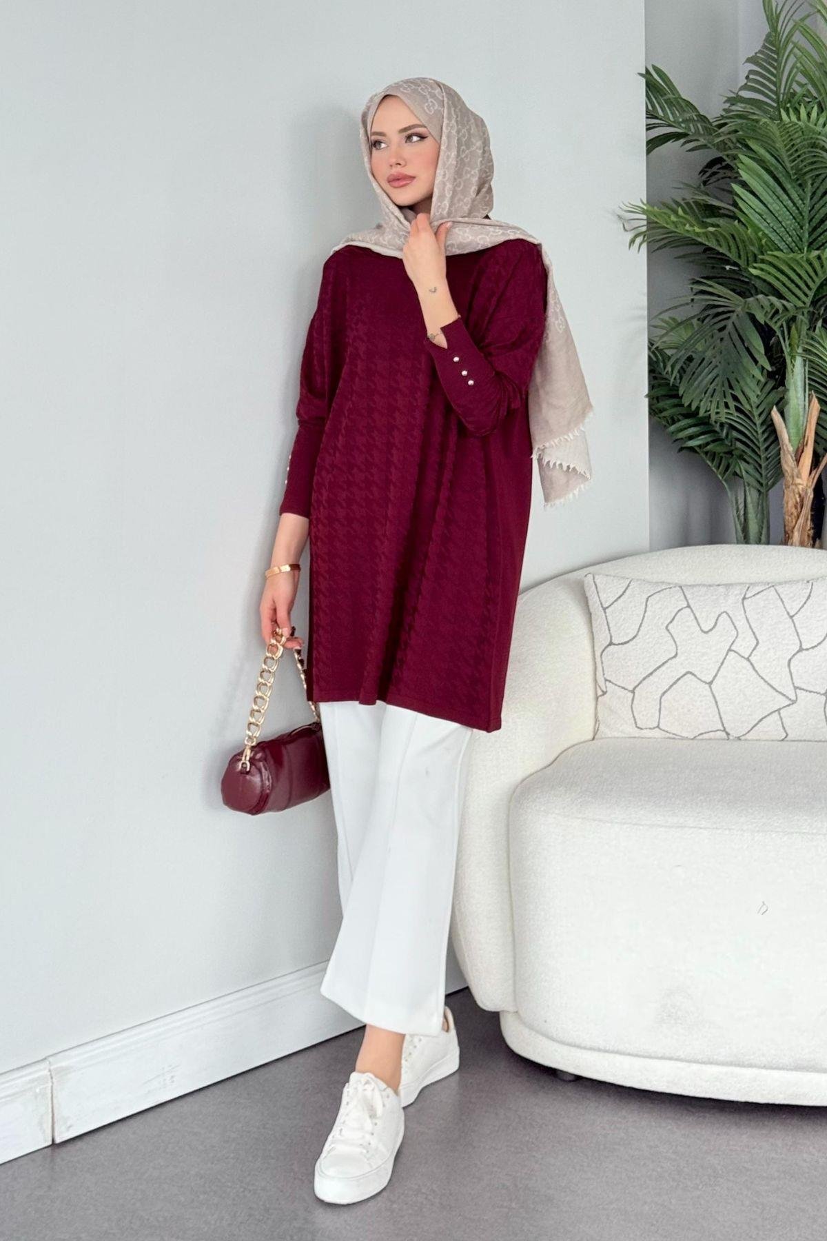 Kaz Ayağı Desenli Merserize Tunik Bordo, Fiyatları 