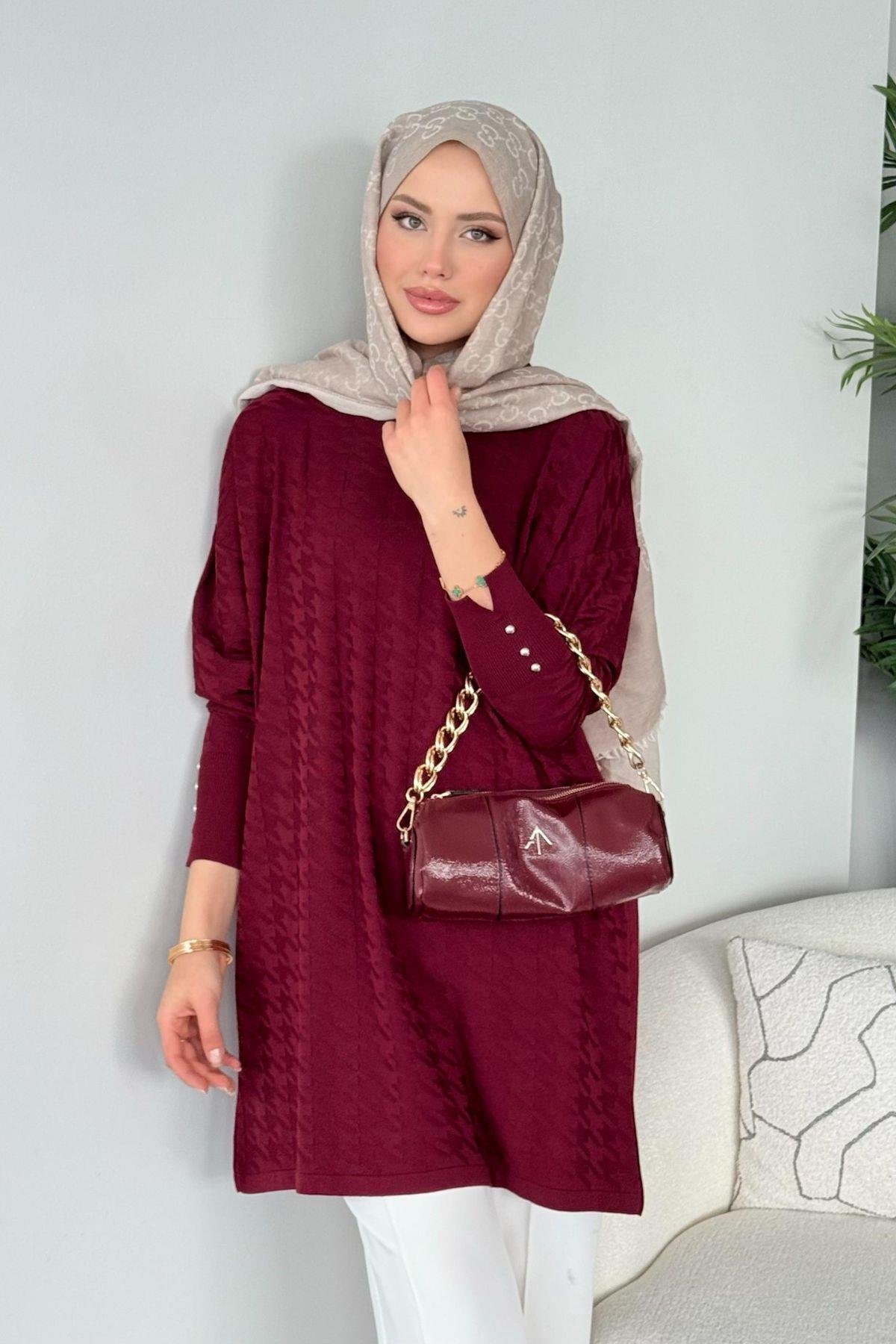 Kaz Ayağı Desenli Merserize Tunik Bordo, Fiyatları 