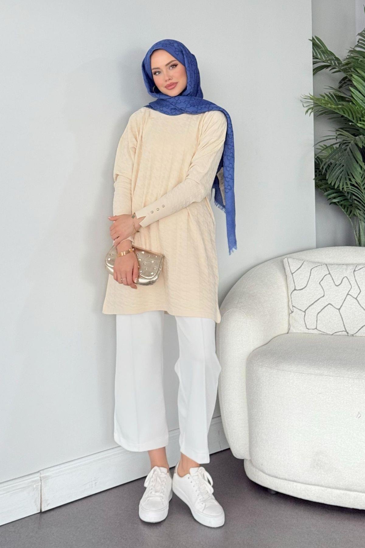 Kaz Ayağı Desenli Merserize Tunik Ekru, Fiyatları 