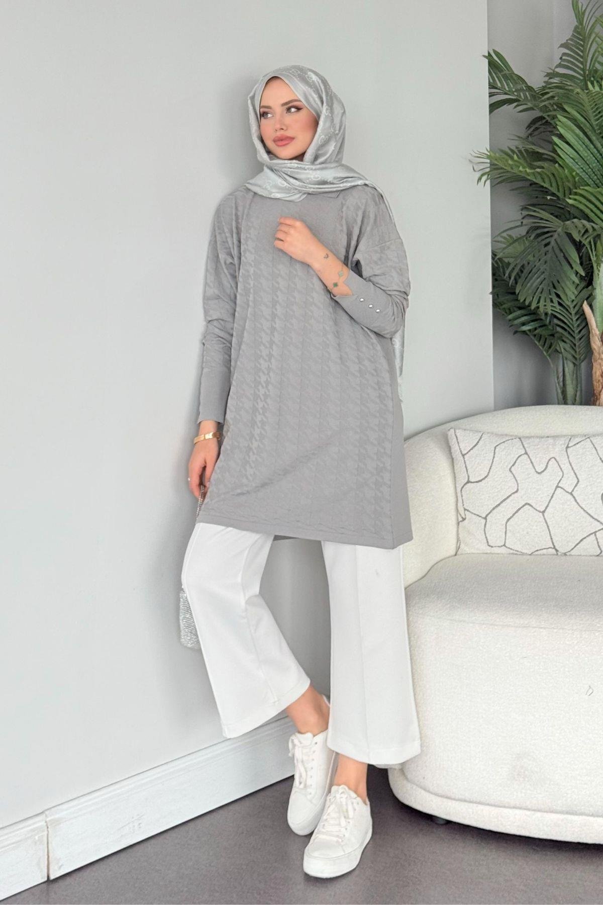 Kaz Ayağı Desenli Merserize Tunik Gri, Fiyatları 