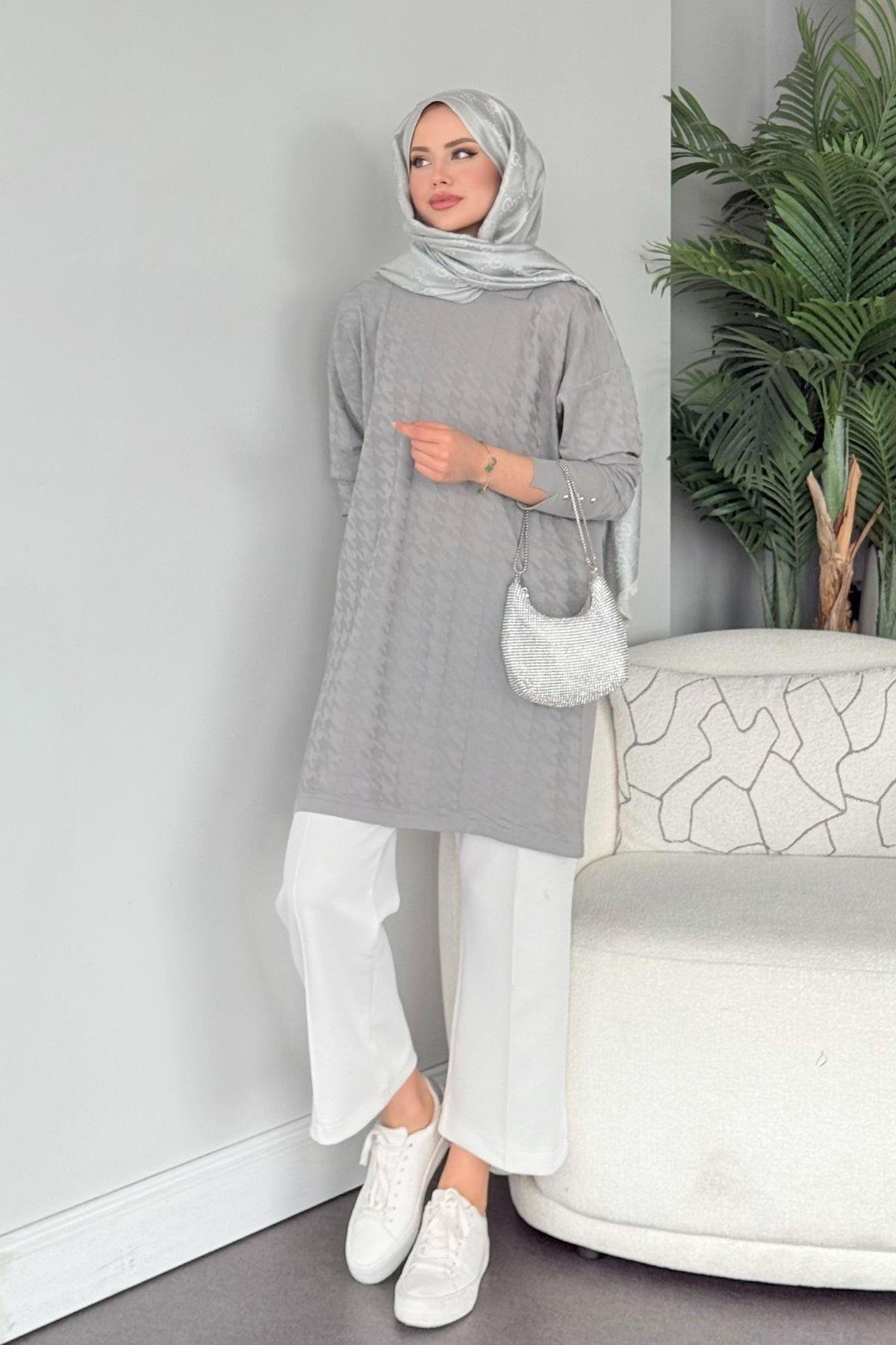 Kaz Ayağı Desenli Merserize Tunik Gri, Fiyatları 