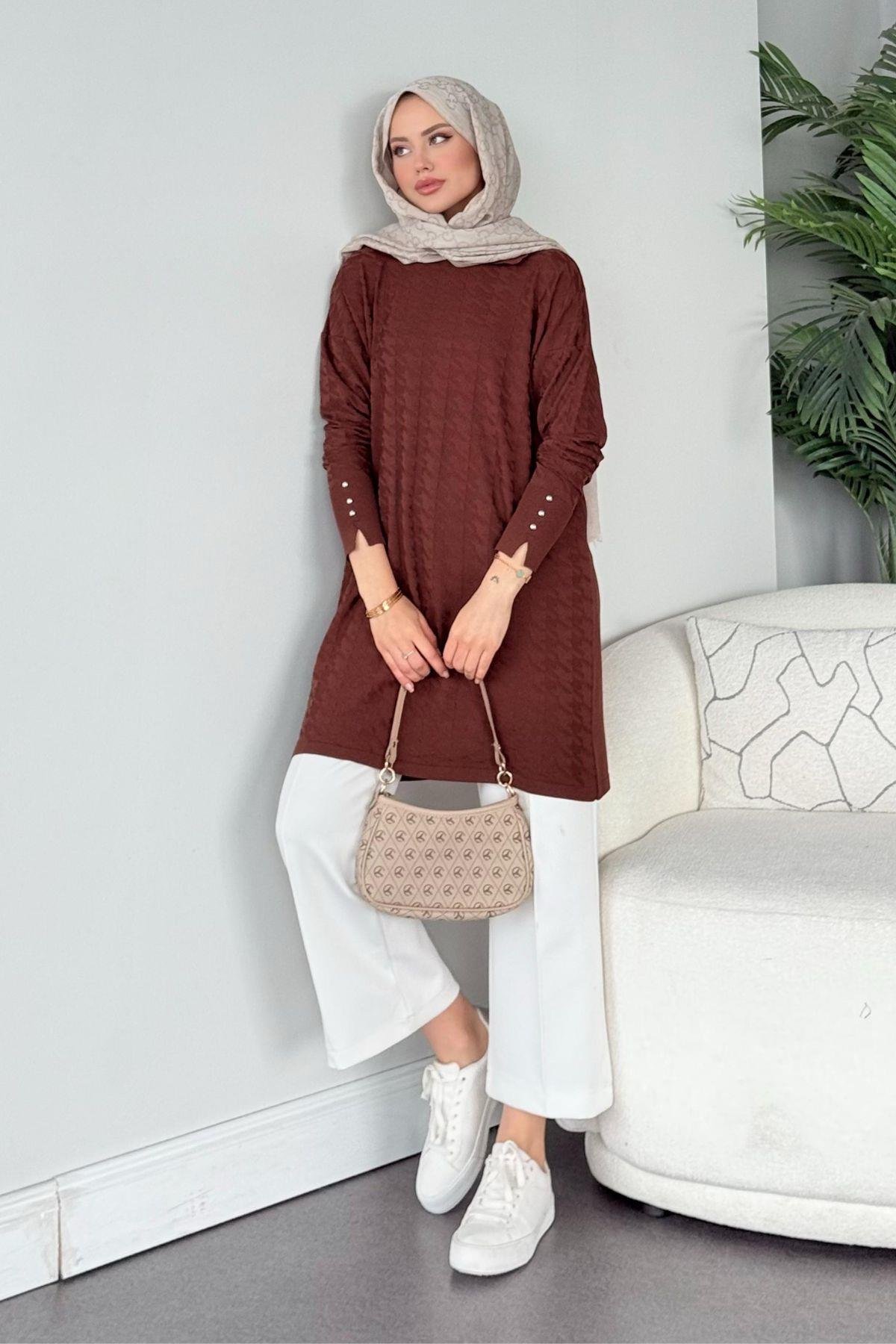 Kaz Ayağı Desenli Merserize Tunik Kahve, Fiyatları 