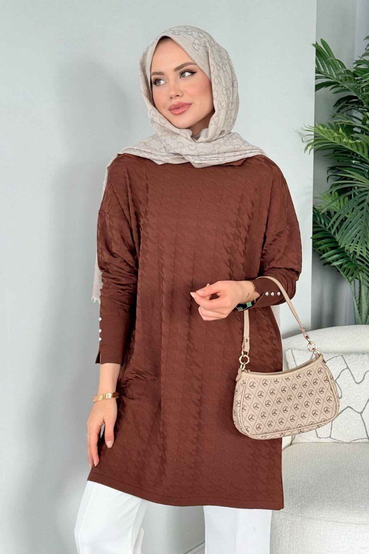 Kaz Ayağı Desenli Merserize Tunik Kahve, Fiyatları 