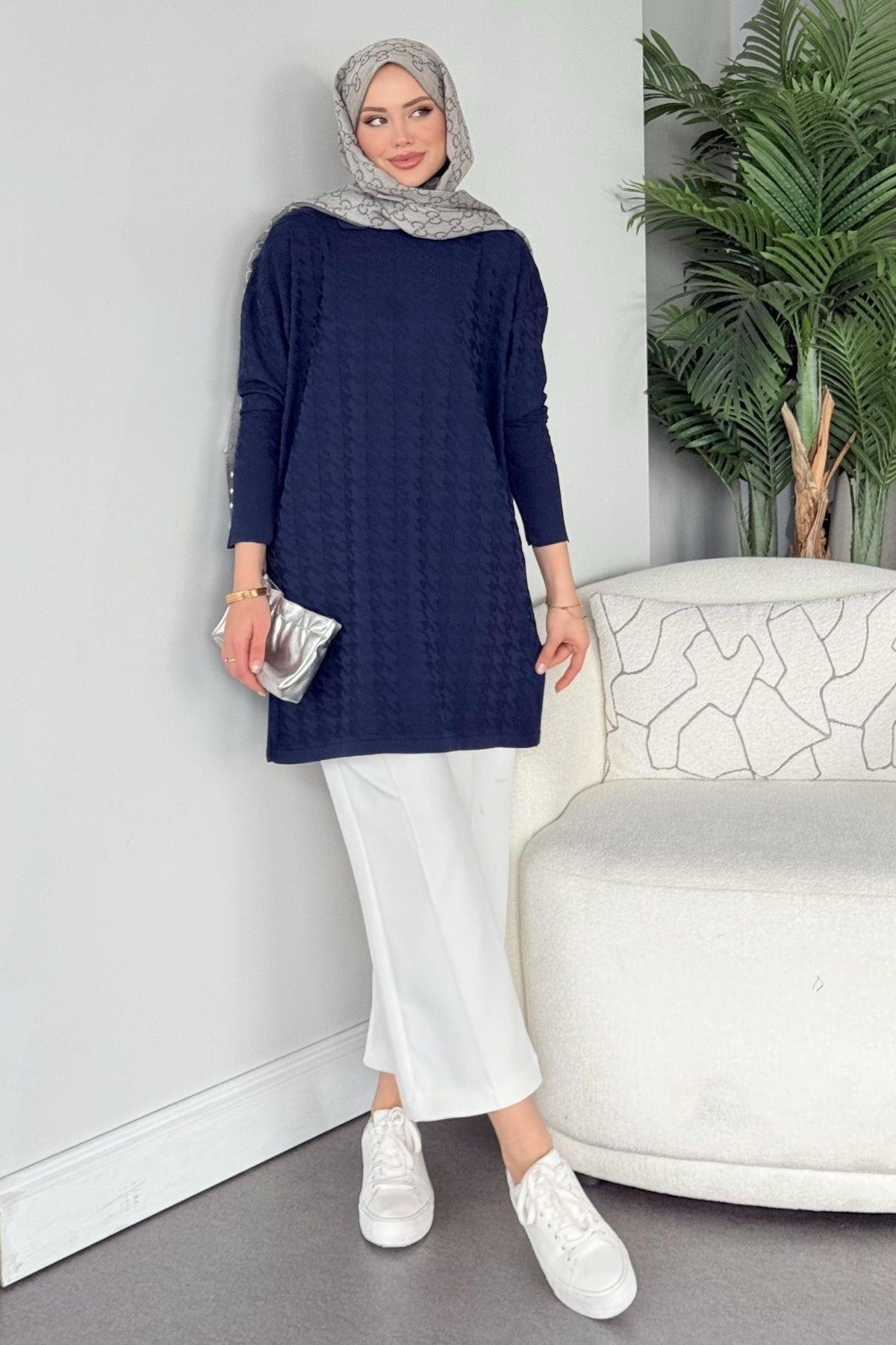 Kaz Ayağı Desenli Merserize Tunik Lacivert, Fiyatları 