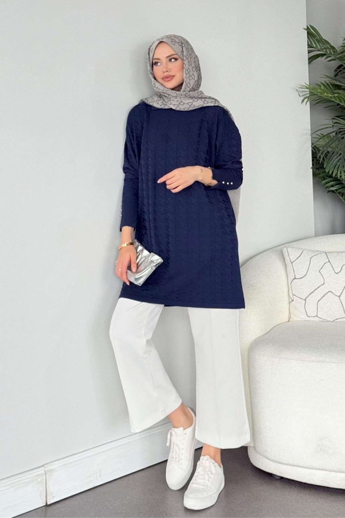 Kaz Ayağı Desenli Merserize Tunik Lacivert, Fiyatları 