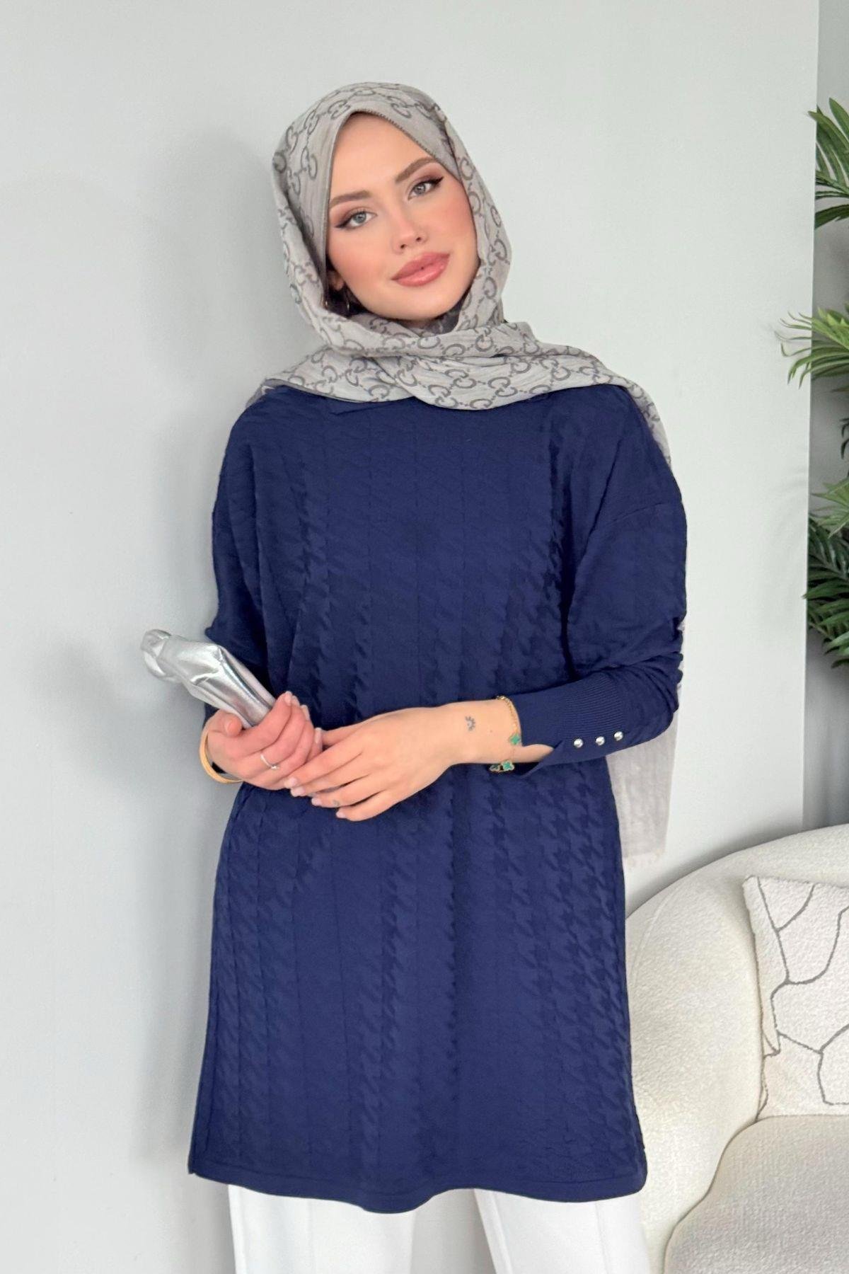 Kaz Ayağı Desenli Merserize Tunik Lacivert, Fiyatları 