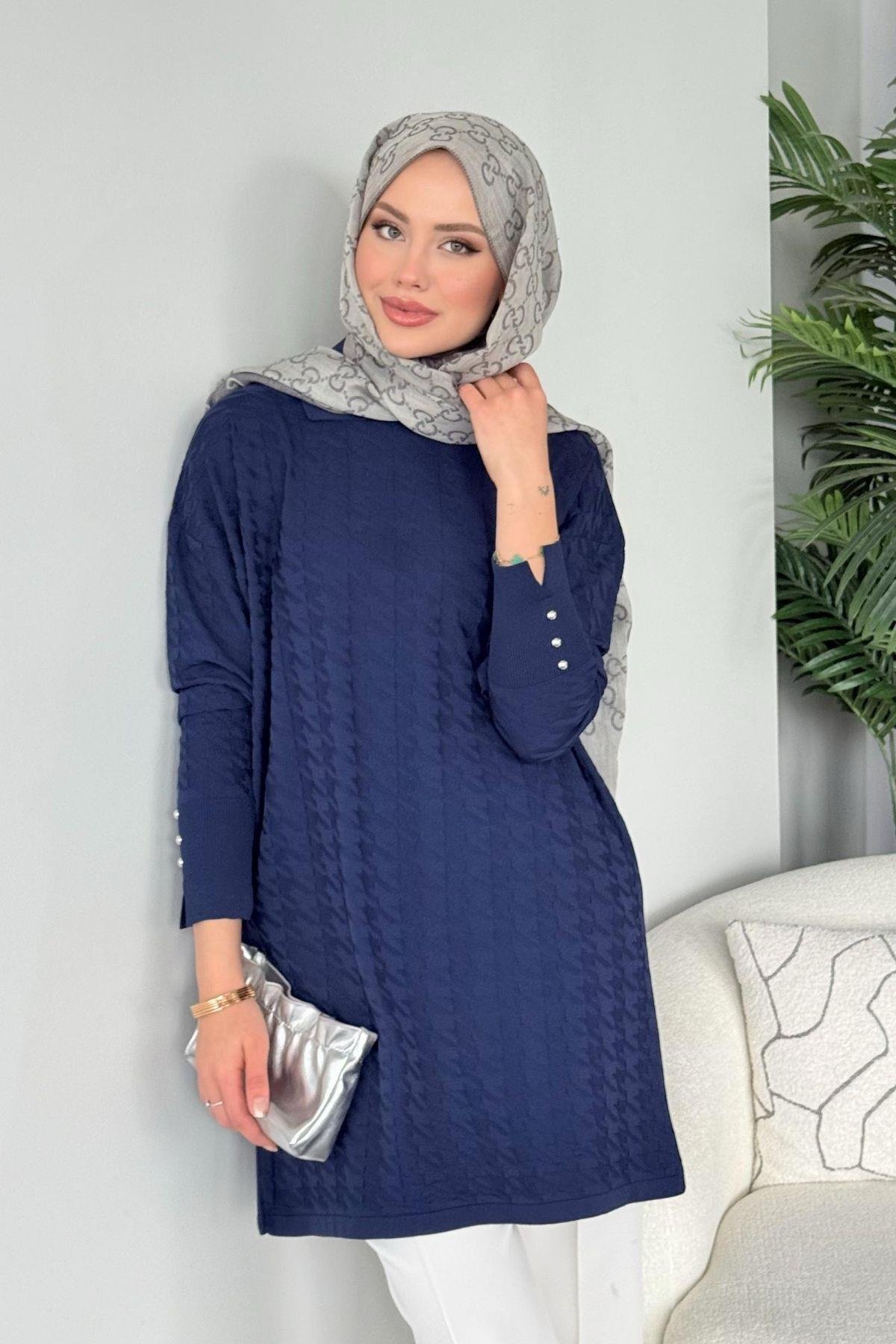 Kaz Ayağı Desenli Merserize Tunik Lacivert, Fiyatları 