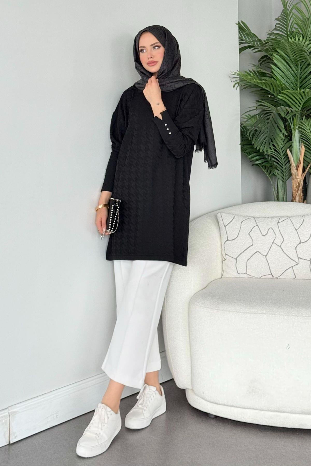 Kaz Ayağı Desenli Merserize Tunik Siyah, Fiyatları 