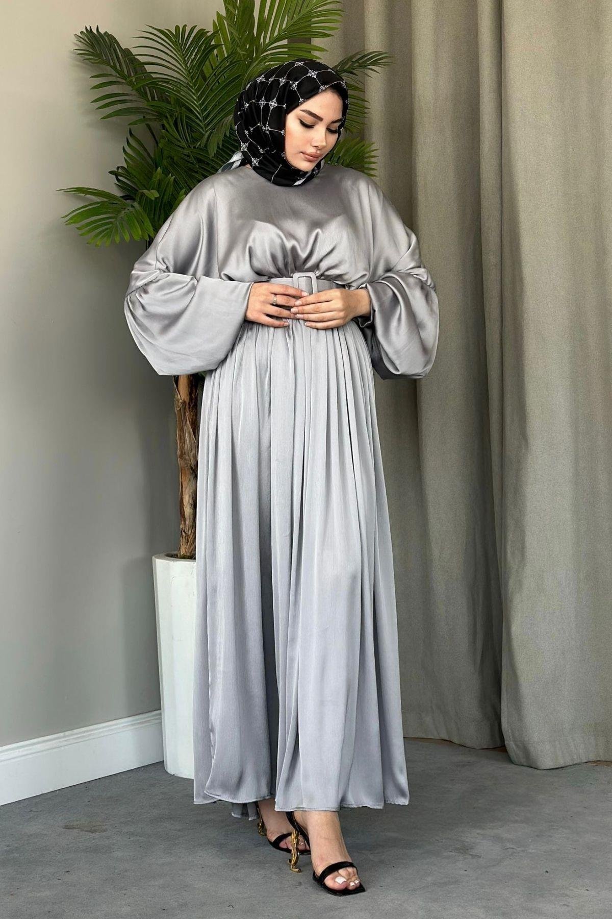 Kemerli Abiye Gri, Fiyatları Haza Moda | Tesettür Giyim | Kemerli Abiye Gri