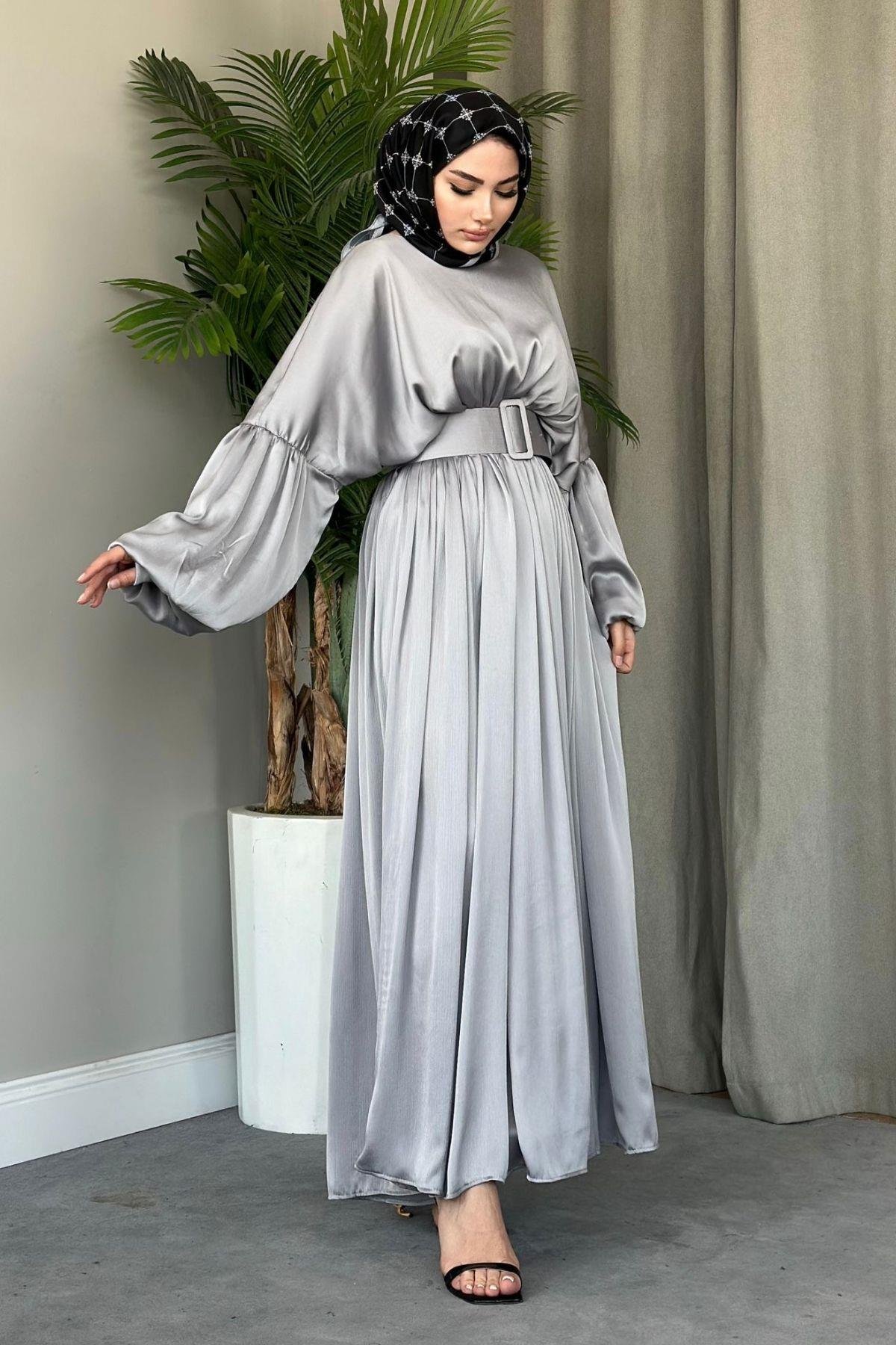 Kemerli Abiye Gri, Fiyatları Haza Moda | Tesettür Giyim | Kemerli Abiye Gri