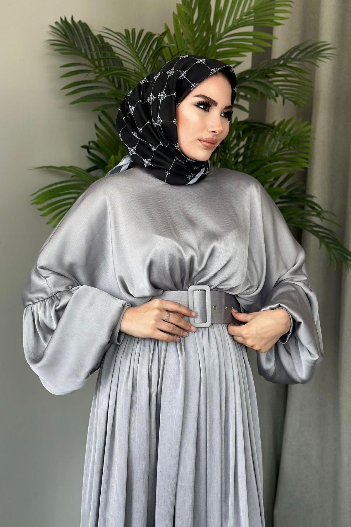 Kemerli Abiye Gri, Fiyatları Haza Moda | Tesettür Giyim | Kemerli Abiye Gri