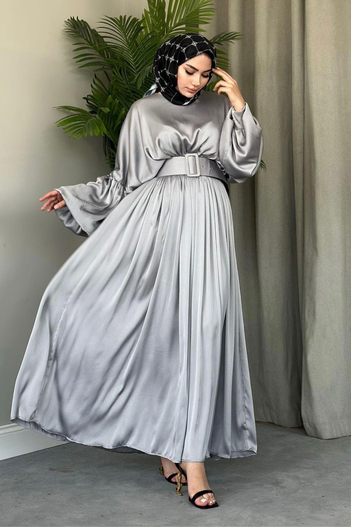 Kemerli Abiye Gri, Fiyatları Haza Moda | Tesettür Giyim | Kemerli Abiye Gri