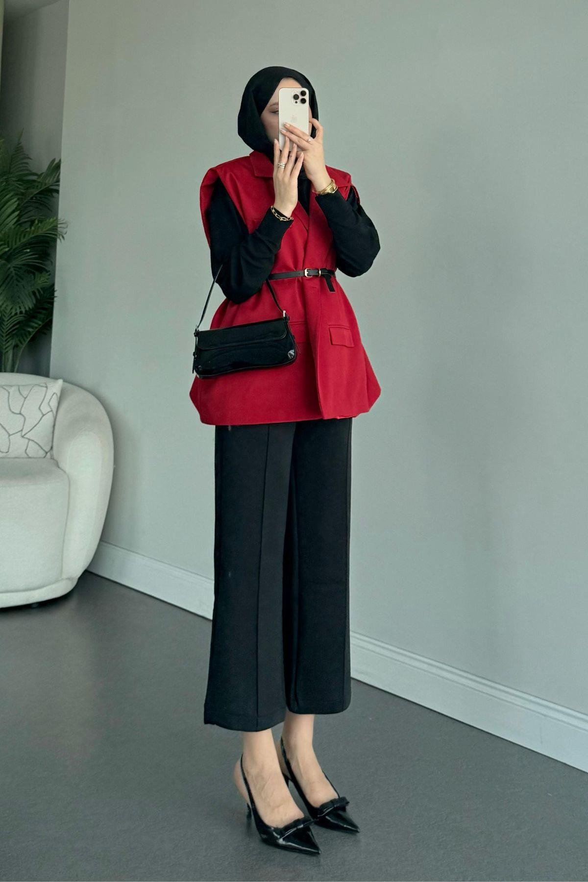 Kemerli Blazer Ceket Kırmızı, Fiyatları 