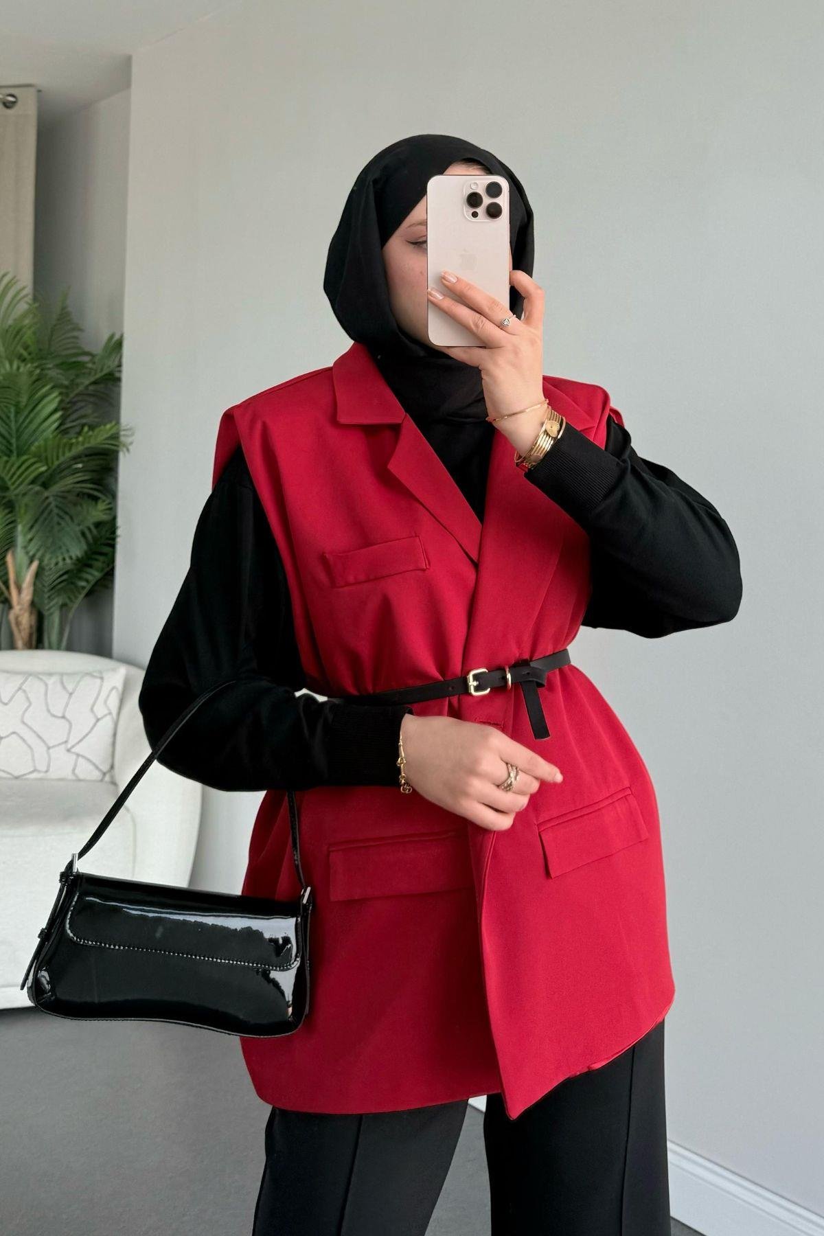 Kemerli Blazer Ceket Kırmızı, Fiyatları 