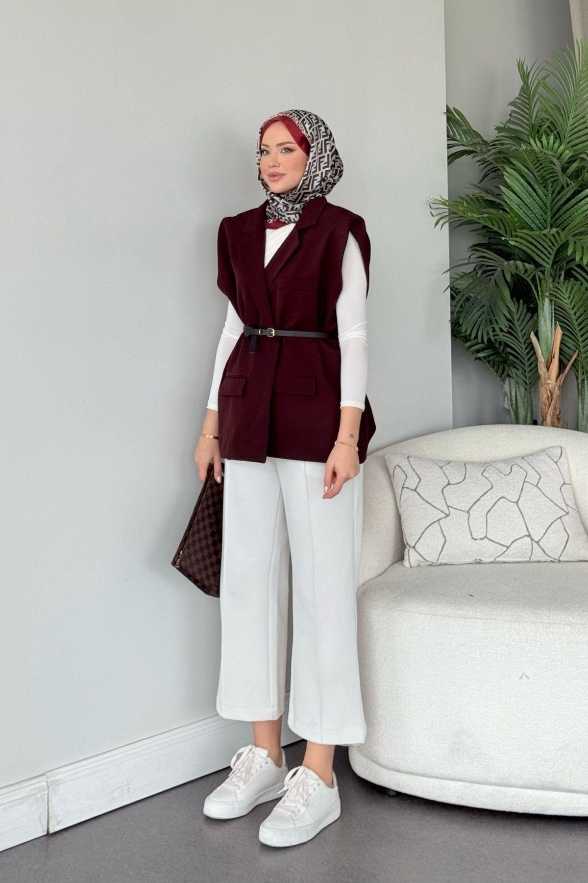 Kemerli Blazer Yelek Acı kahve, Fiyatları Kemerli Blazer Yelek Acı kahve- Haza Moda 