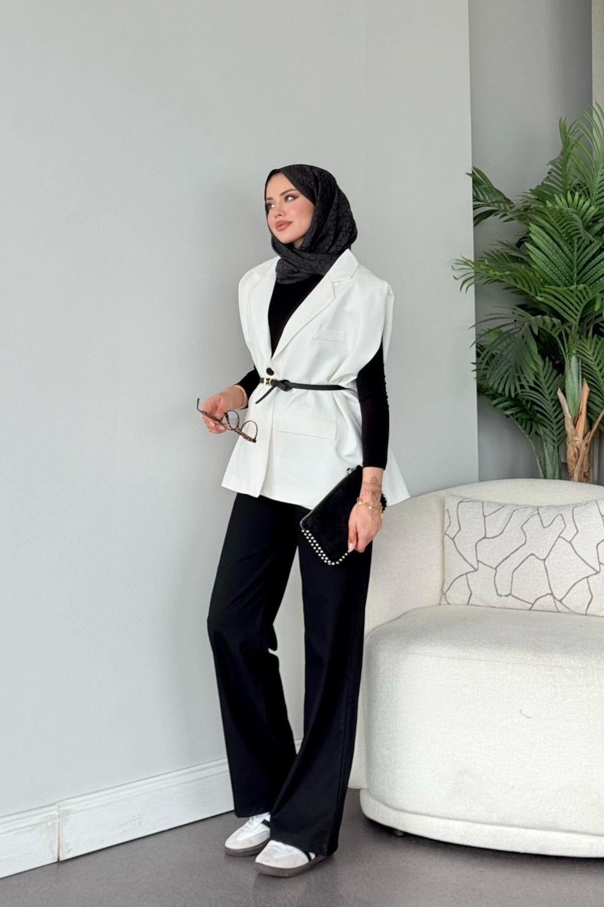 Kemerli Blazer Yelek Beyaz, Fiyatları Kemerli Blazer Yelek Beyaz- Haza Moda 