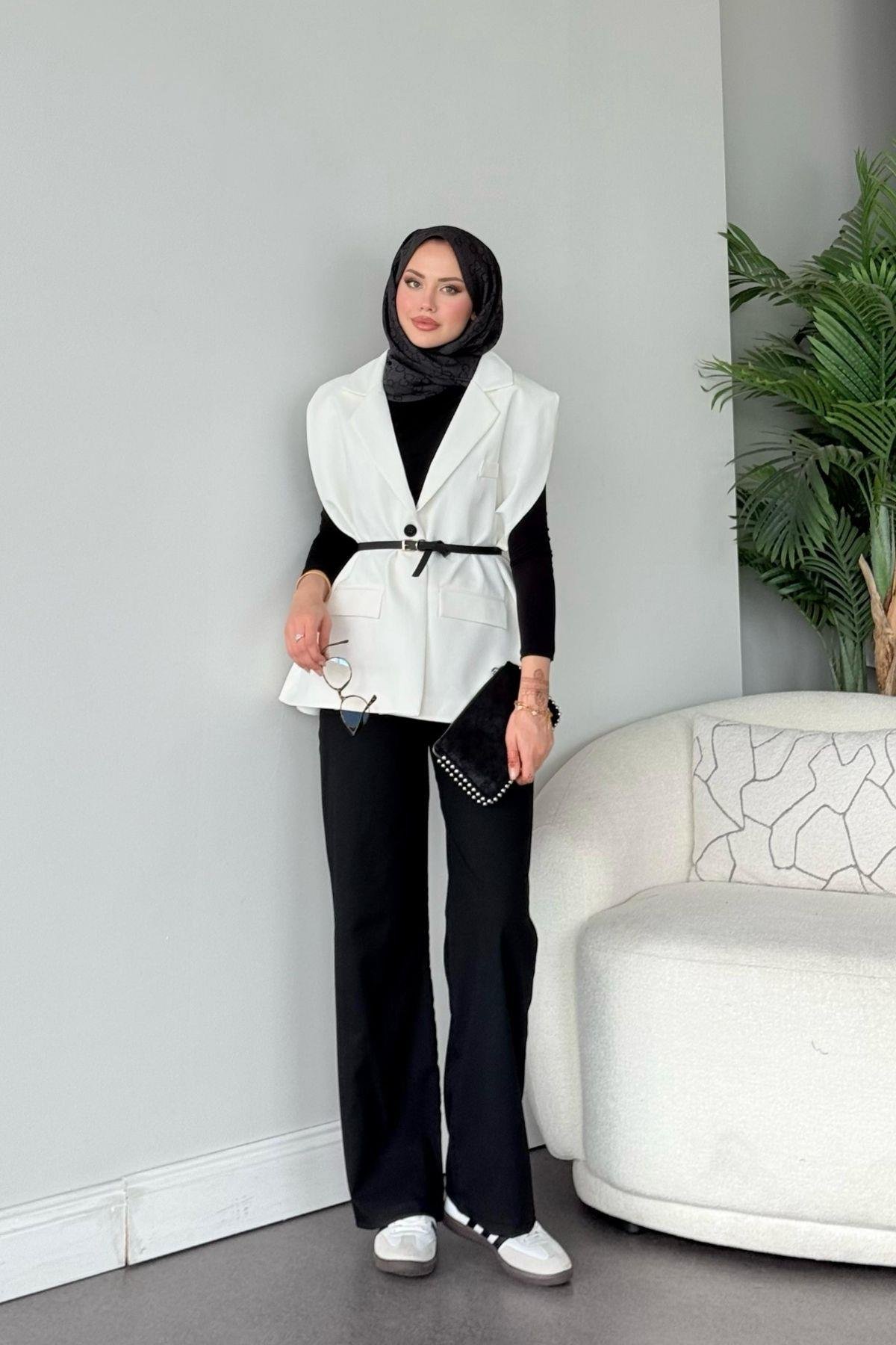 Kemerli Blazer Yelek Beyaz, Fiyatları Kemerli Blazer Yelek Beyaz- Haza Moda 