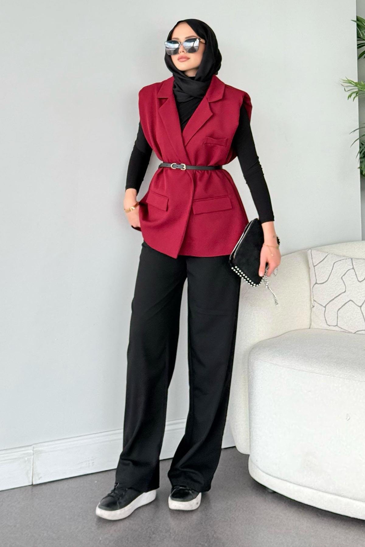 Kemerli Blazer Yelek Bordo, Fiyatları Kemerli Blazer Yelek Bordo- Haza Moda 