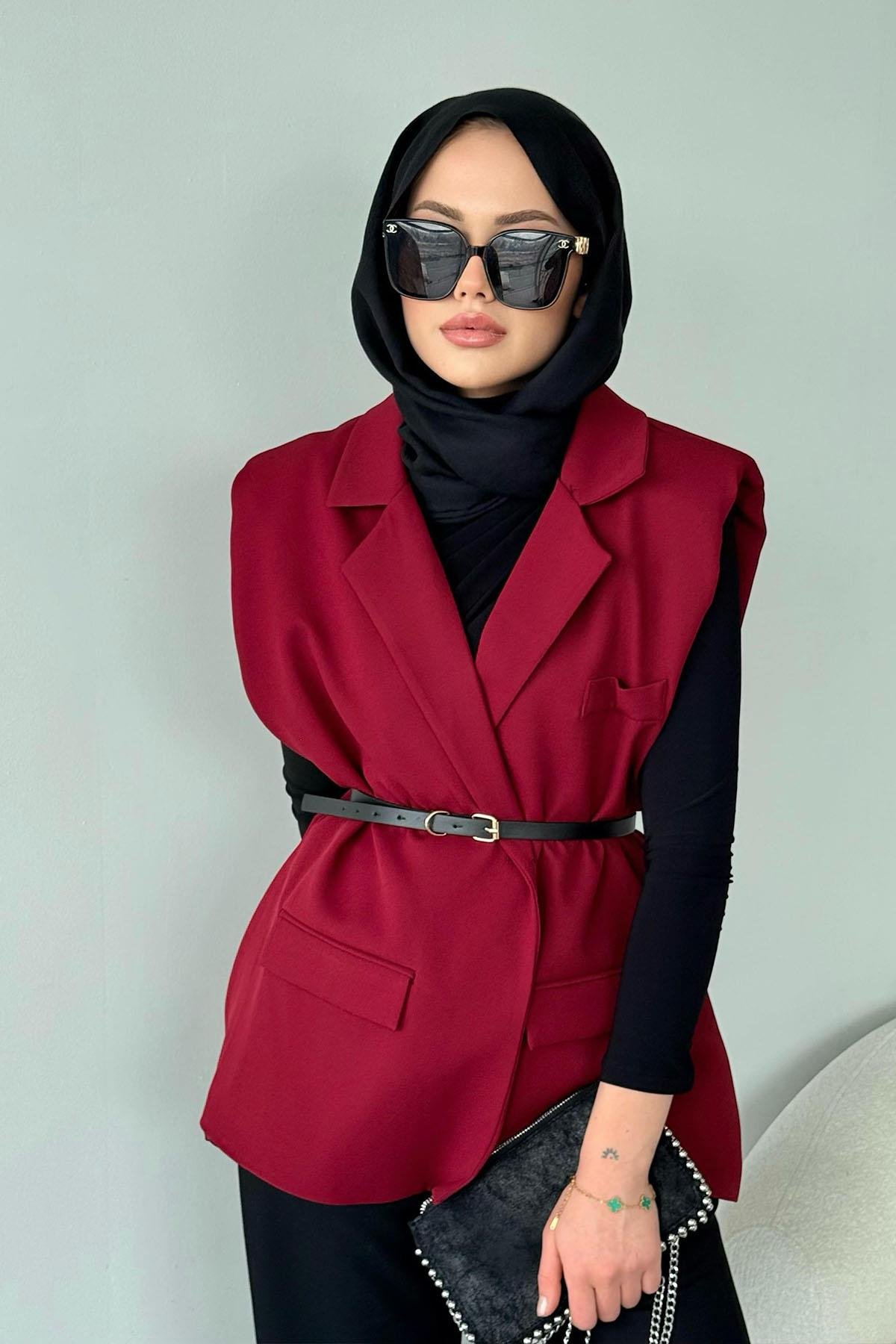 Kemerli Blazer Yelek Bordo, Fiyatları Kemerli Blazer Yelek Bordo- Haza Moda 