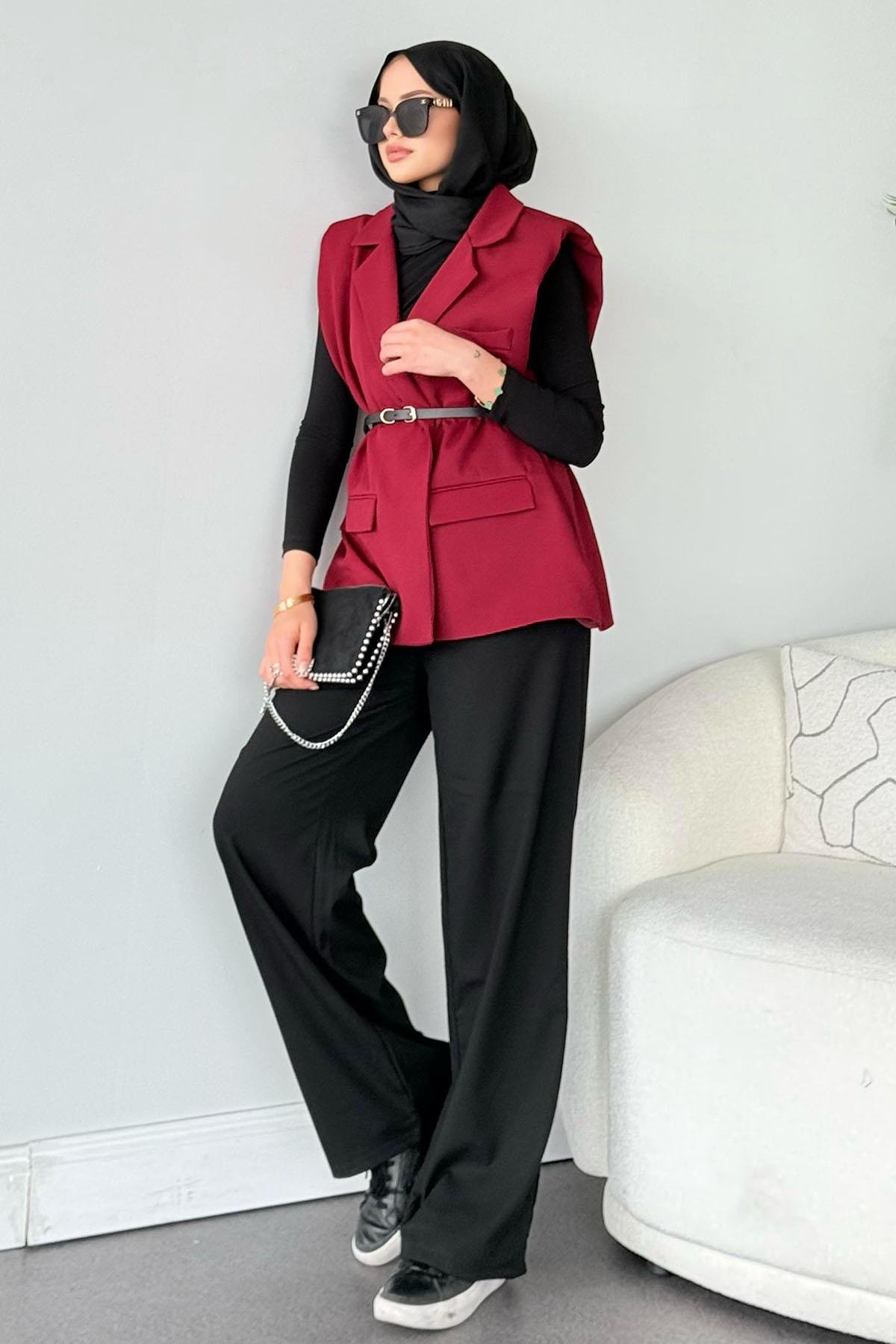 Kemerli Blazer Yelek Bordo, Fiyatları Kemerli Blazer Yelek Bordo- Haza Moda 