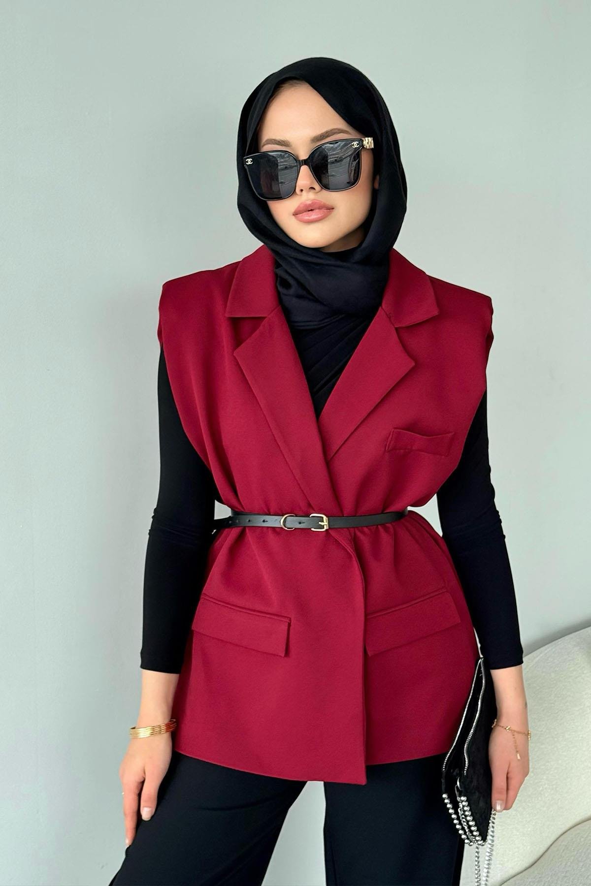 Kemerli Blazer Yelek Bordo, Fiyatları Kemerli Blazer Yelek Bordo- Haza Moda 