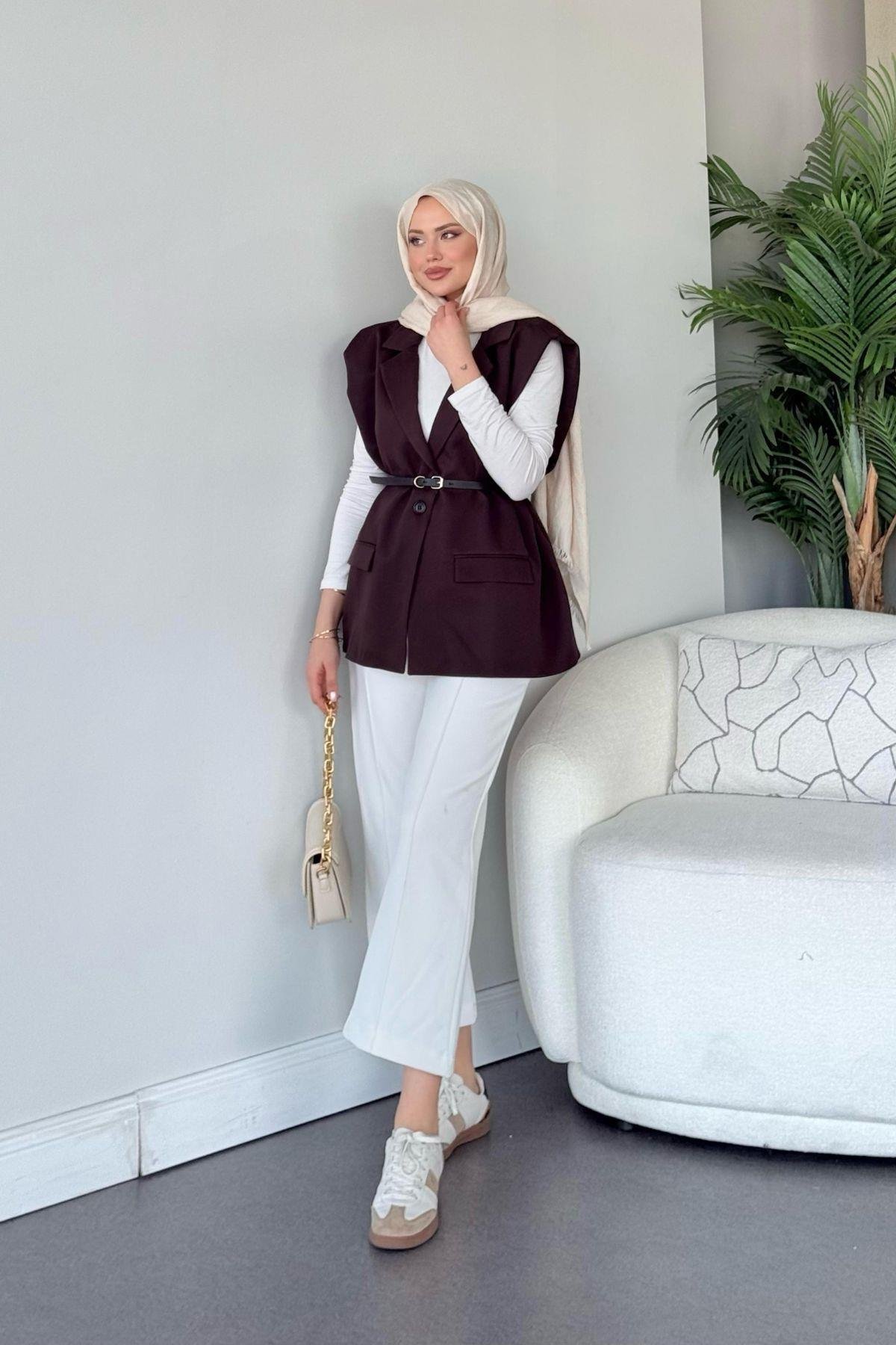 Kemerli Blazer Yelek Mürdüm, Fiyatları Kemerli Blazer Yelek Mürdüm- Haza Moda 