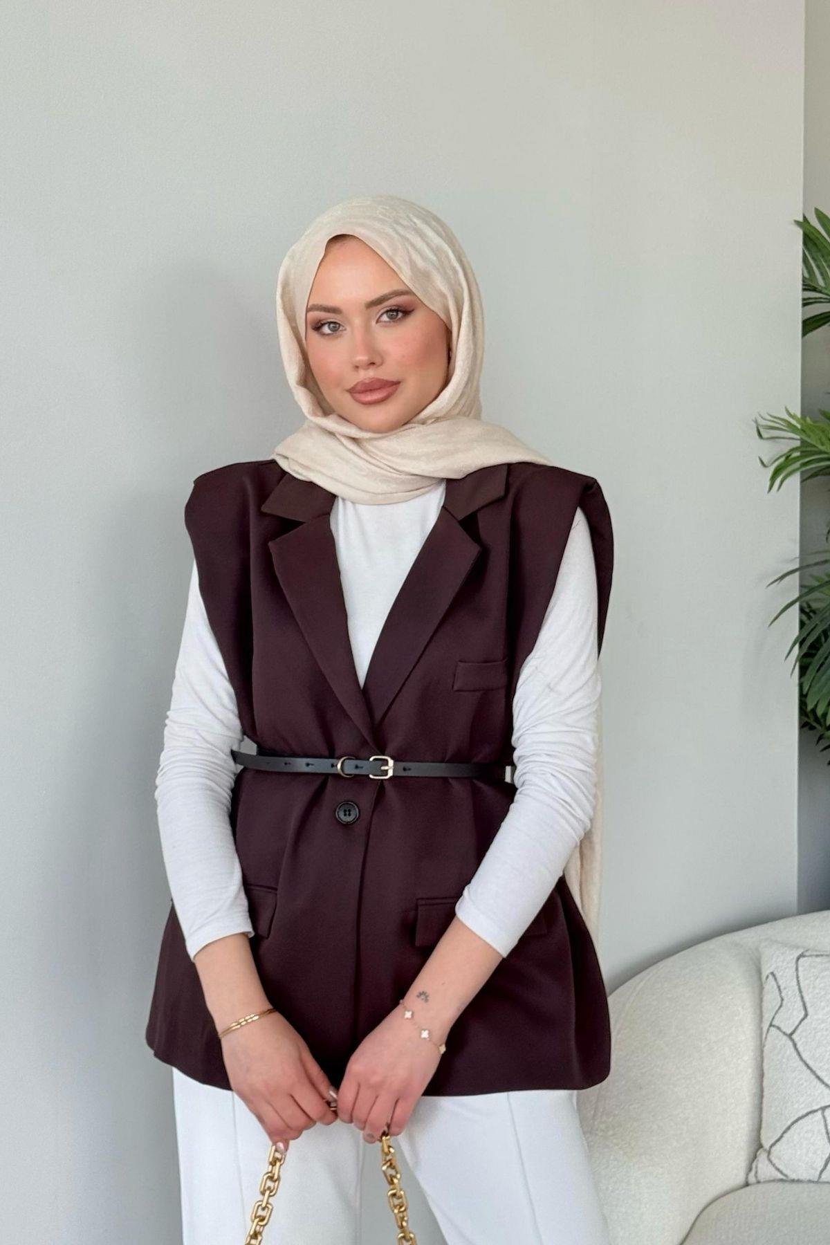 Kemerli Blazer Yelek Mürdüm, Fiyatları Kemerli Blazer Yelek Mürdüm- Haza Moda 