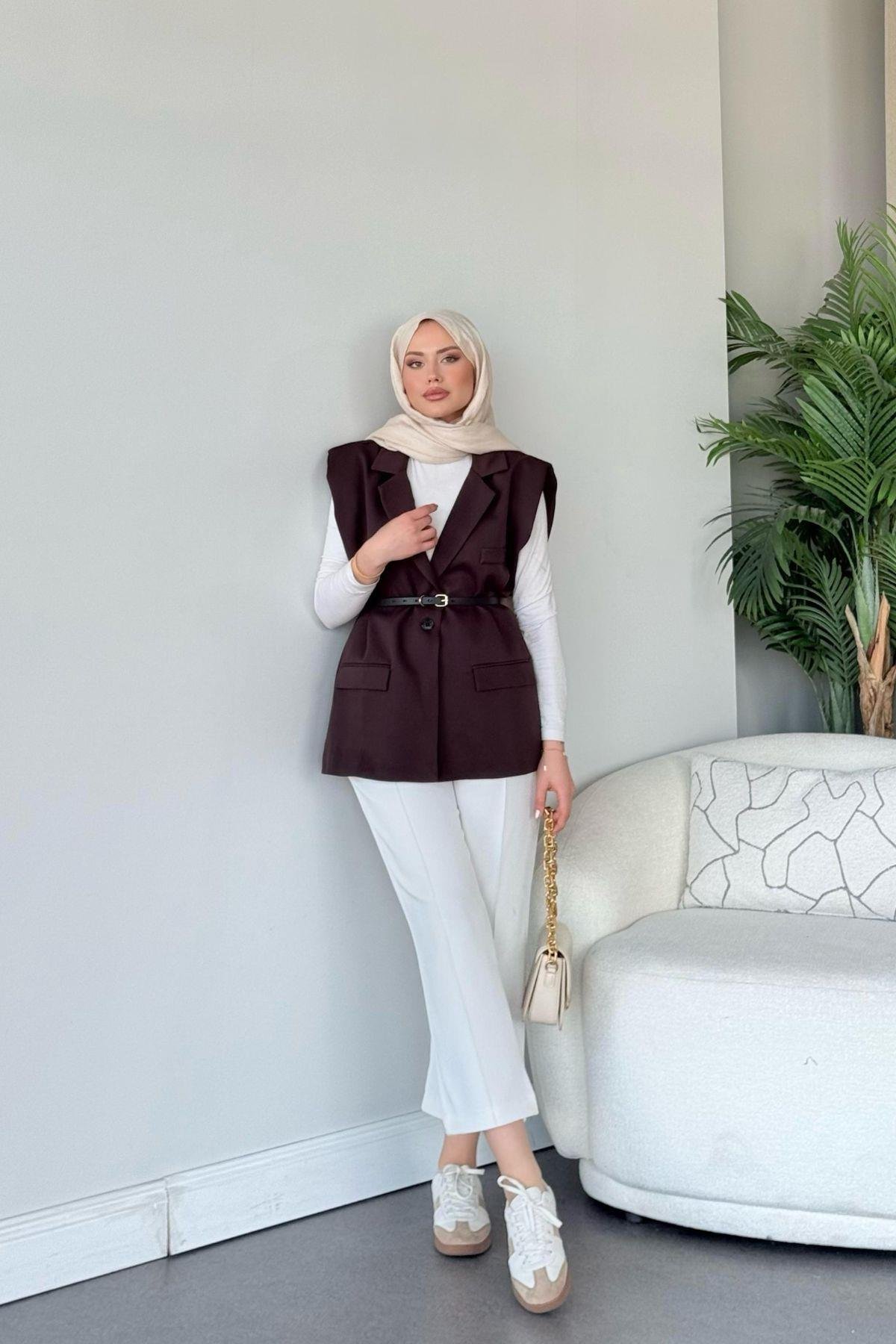 Kemerli Blazer Yelek Mürdüm, Fiyatları Kemerli Blazer Yelek Mürdüm- Haza Moda 